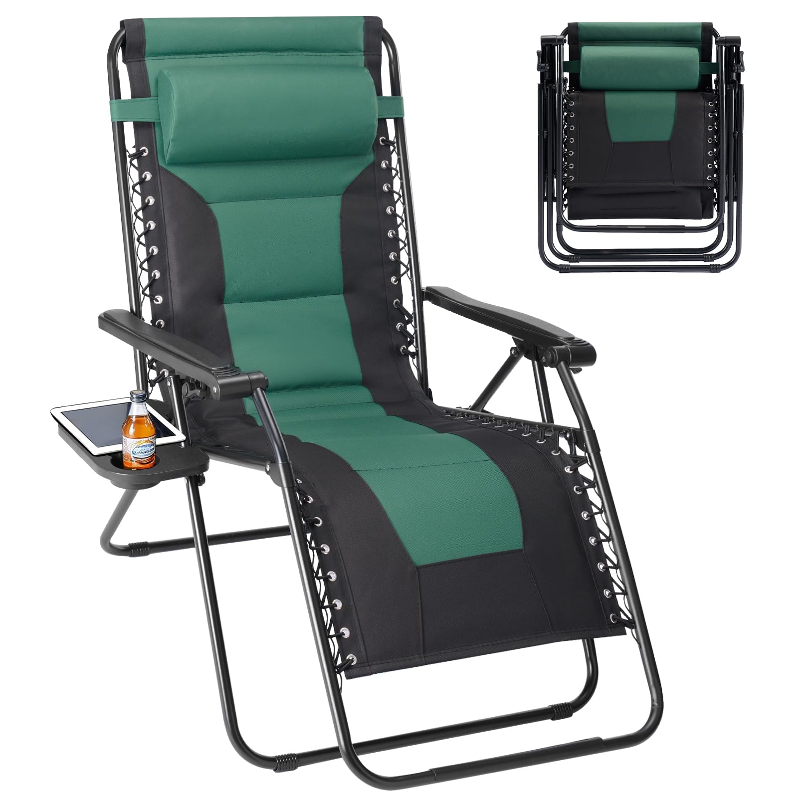 Sweetcrispy Zero Gravity Chairs, Set of 2 Portable Recliner Beach Camping Patio Outdoor Folding Lounge Chair with Cup Holder Trays and Adjustable Pillow for Poolside, Garden, Backyard, Lawn (Black)