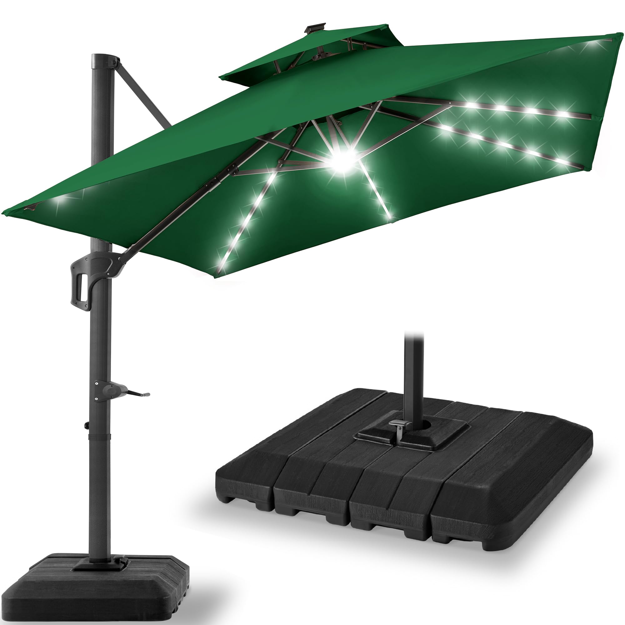 Best Choice Products 10x10ft Cantilever Patio Umbrella w/Base Included, Solar LED Lights 360 Rotation Large Offset Hanging Outdoor Shade for Deck Pool Backyard w/Stand – Tan