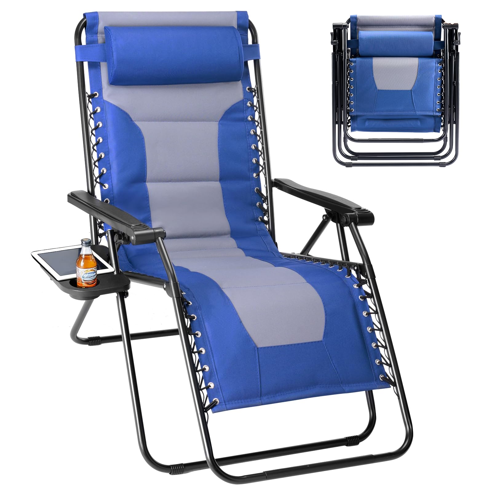 Sweetcrispy Zero Gravity Chairs, Set of 2 Portable Recliner Beach Camping Patio Outdoor Folding Lounge Chair with Cup Holder Trays and Adjustable Pillow for Poolside, Garden, Backyard, Lawn (Black)