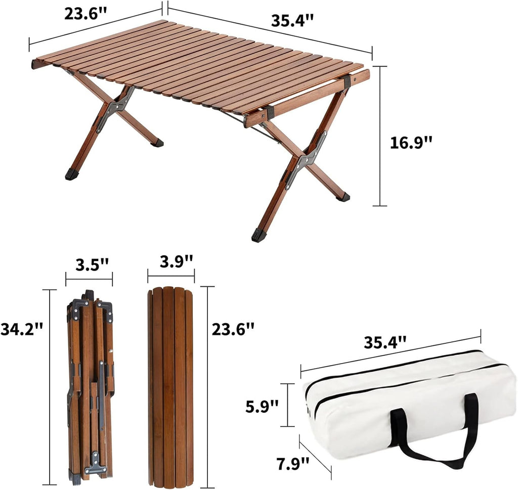 UNICOO –Bamboo Roll Up Picnic Table, Portable Camping Table W/Carry Bag, Low Height Foldable BBQ Top for Indoor & Outdoor Party, BBQ and Hiking (3 FT, Antique Brown)