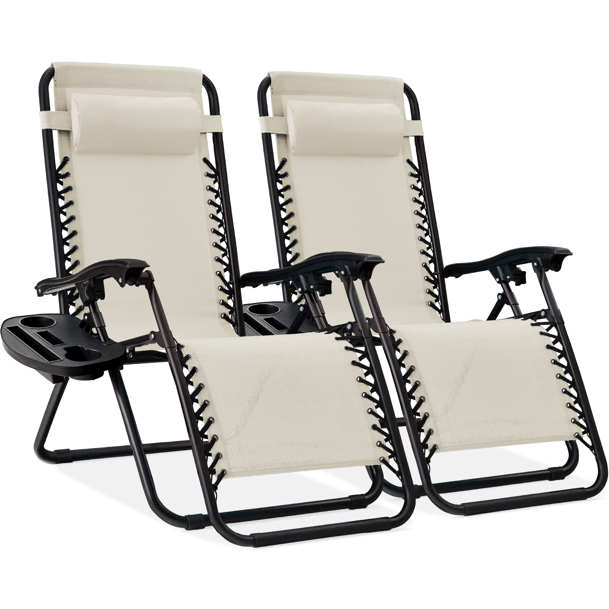 Best Choice Products Set of 2 Adjustable Steel Mesh Zero Gravity Lounge Chair Recliners w/Pillows and Cup Holder Trays - Black