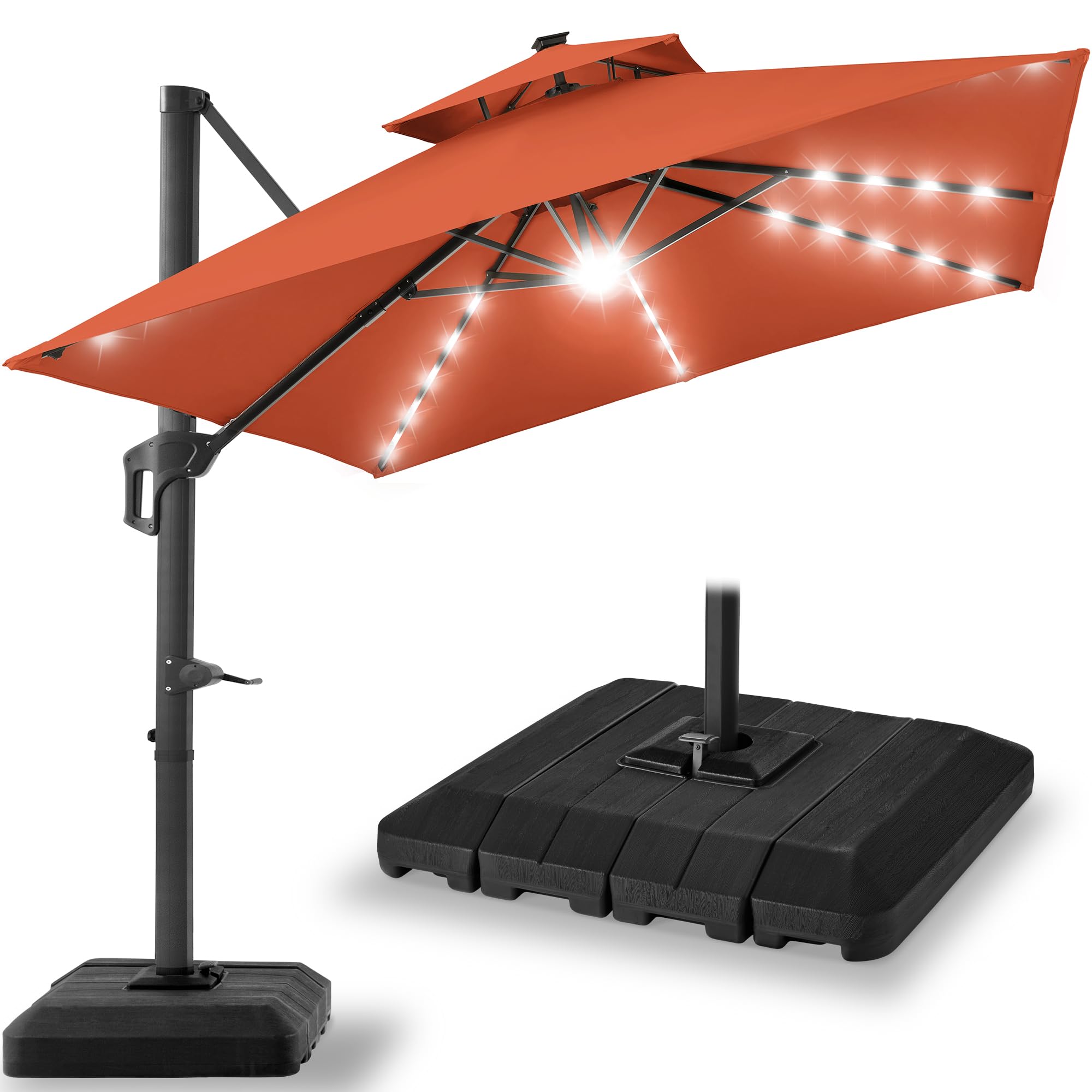Best Choice Products 10x10ft Cantilever Patio Umbrella w/Base Included, Solar LED Lights 360 Rotation Large Offset Hanging Outdoor Shade for Deck Pool Backyard w/Stand – Tan