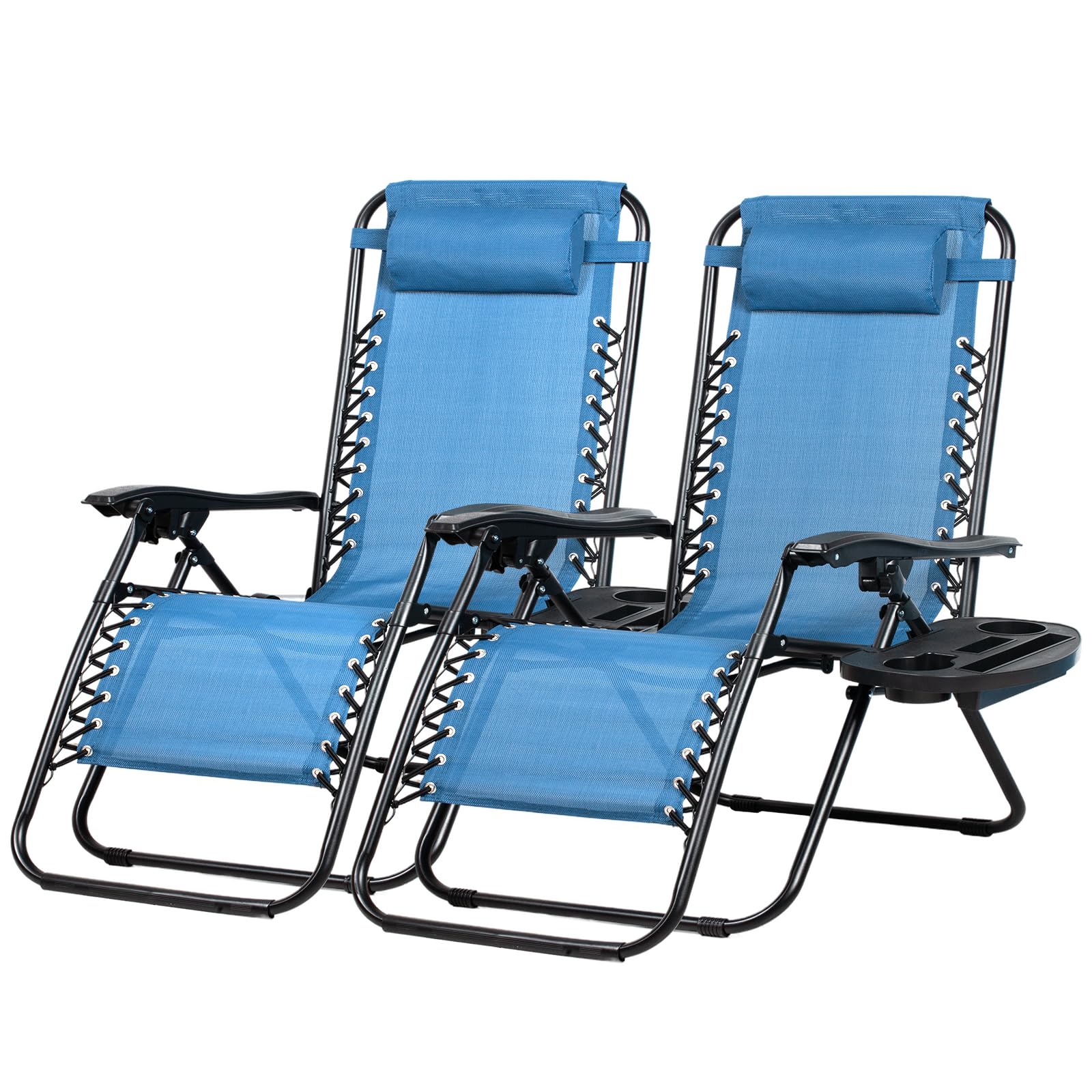 Nazhura Set of 2 Relaxing Recliners Patio Chairs Adjustable Steel Mesh Zero Gravity Lounge Chair Beach Chairs with Pillow and Cup Holder (Blue)