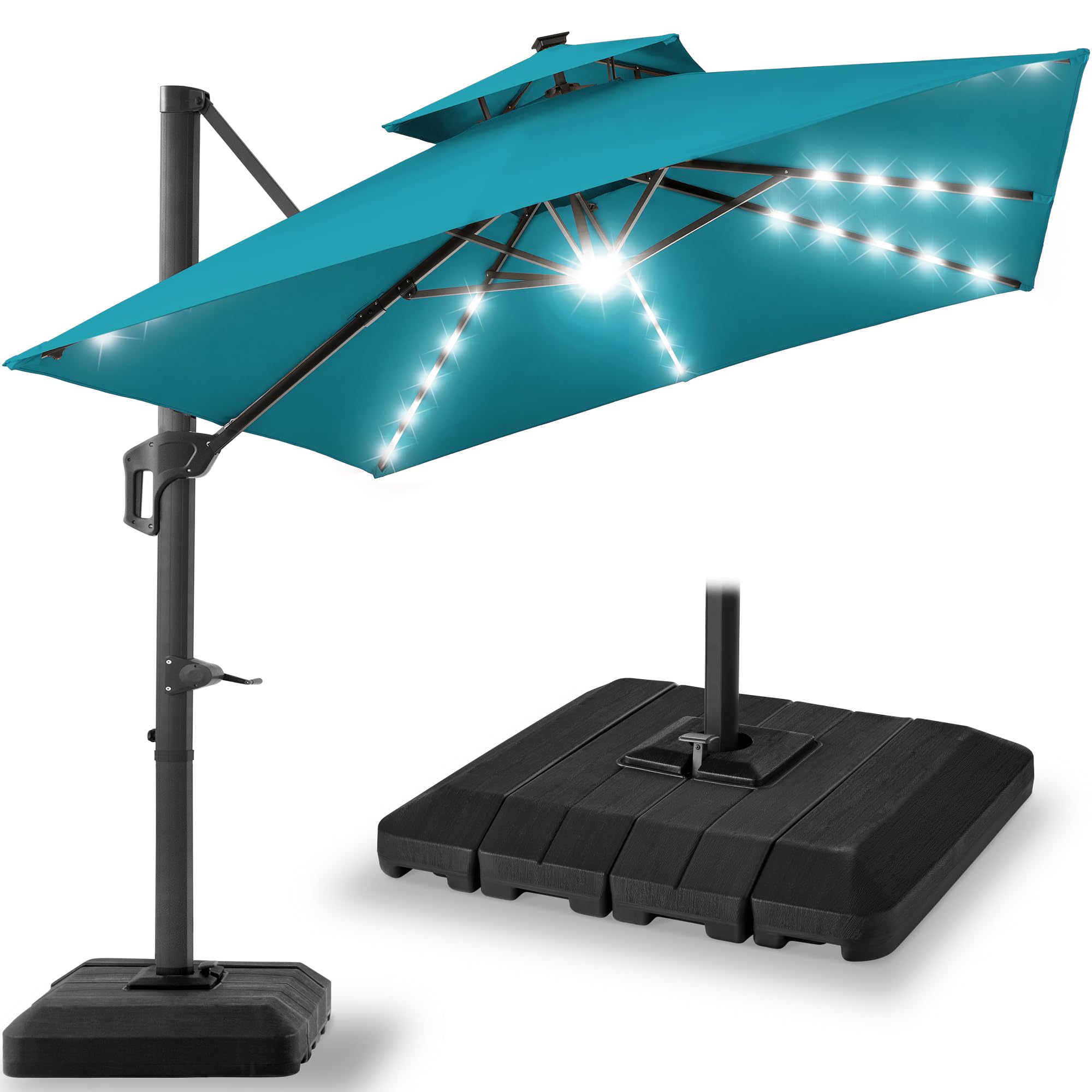 Best Choice Products 10x10ft Cantilever Patio Umbrella w/Base Included, Solar LED Lights 360 Rotation Large Offset Hanging Outdoor Shade for Deck Pool Backyard w/Stand – Tan