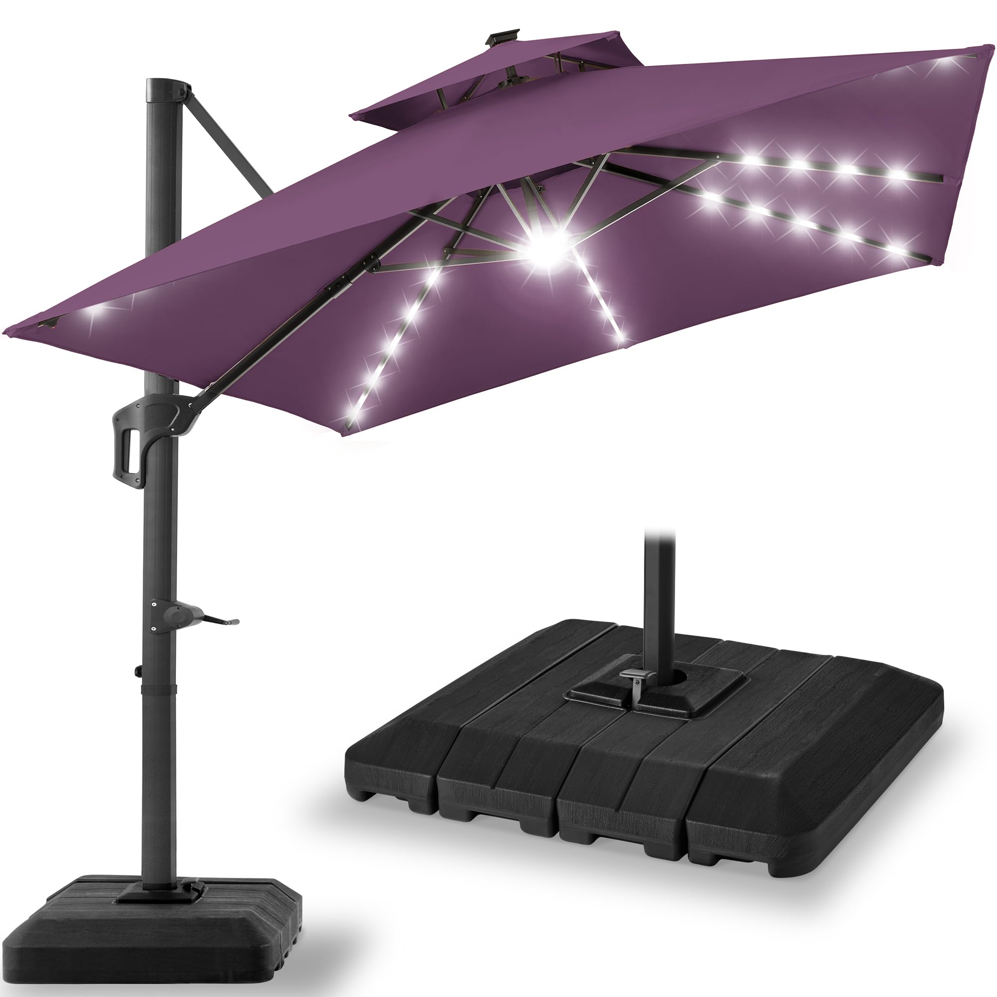 Best Choice Products 10x10ft Cantilever Patio Umbrella w/Base Included, Solar LED Lights 360 Rotation Large Offset Hanging Outdoor Shade for Deck Pool Backyard w/Stand – Tan