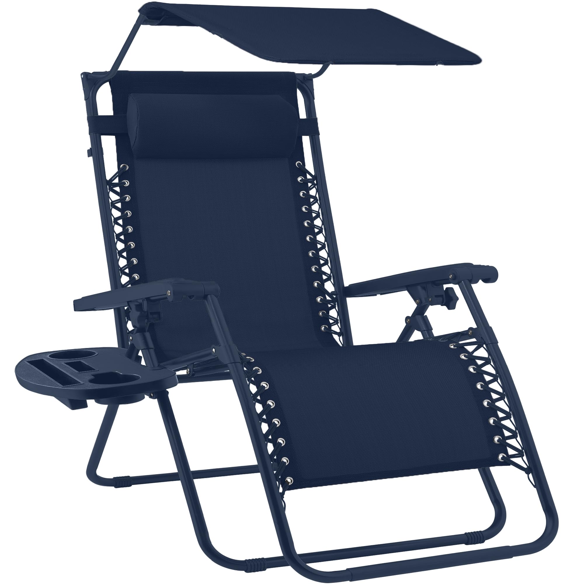 Best Choice Products Folding Zero Gravity Outdoor Recliner Patio Lounge Chair w/Adjustable Canopy Shade, Headrest, Side Accessory Tray, Textilene Mesh - Beige