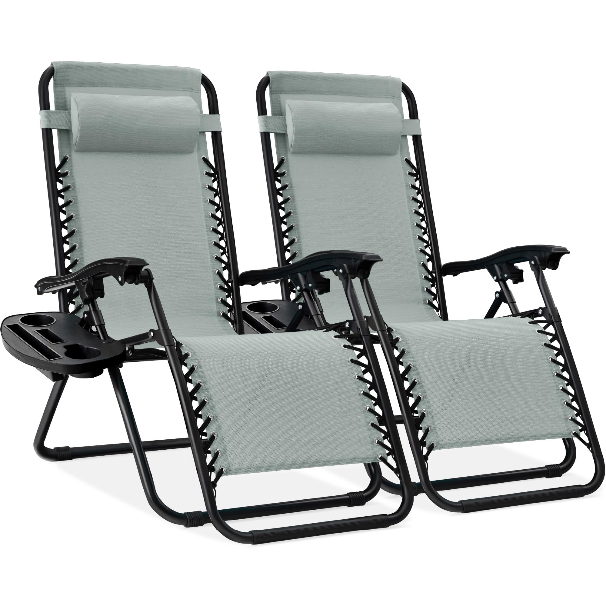 Best Choice Products Set of 2 Adjustable Steel Mesh Zero Gravity Lounge Chair Recliners w/Pillows and Cup Holder Trays - Gray