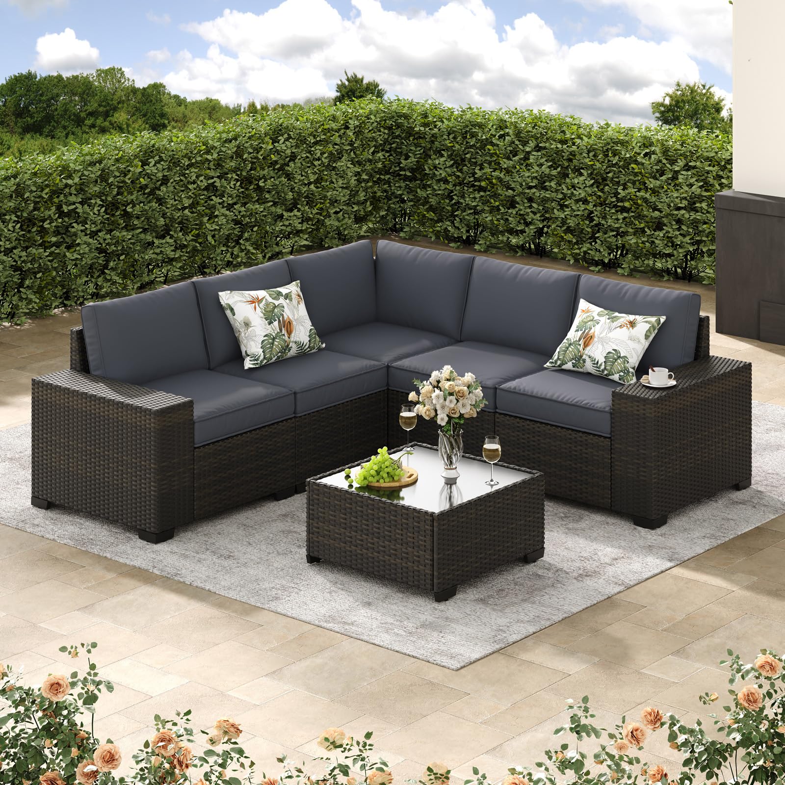 Jing's Villa 6-Piece Patio Furniture Set, All-Weather Outdoor Wicker Sectional Sofa with Cushions, Glass Table & Left and Right Armrest, Rattan Conversation Seating for Porch, Garden, Backyard,Beige