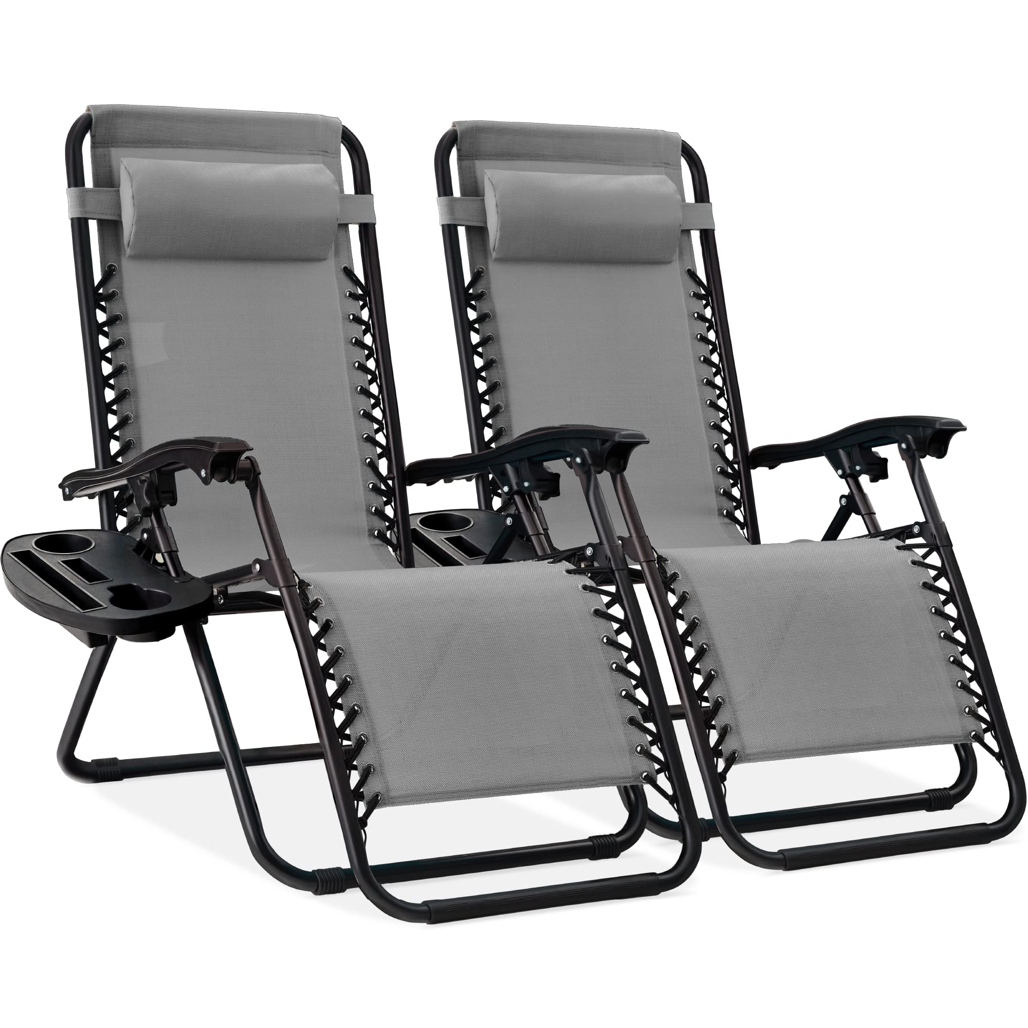 Best Choice Products Set of 2 Adjustable Steel Mesh Zero Gravity Lounge Chair Recliners w/Pillows and Cup Holder Trays - Gray
