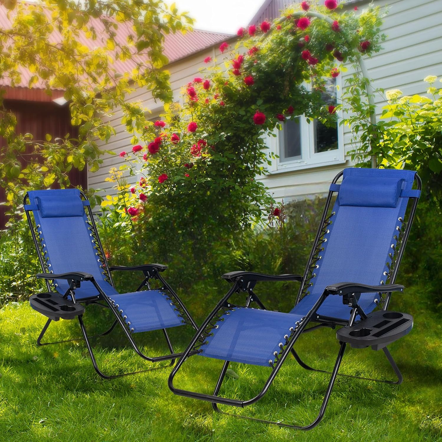 Nazhura Set of 2 Relaxing Recliners Patio Chairs Adjustable Steel Mesh Zero Gravity Lounge Chair Beach Chairs with Pillow and Cup Holder (Blue)