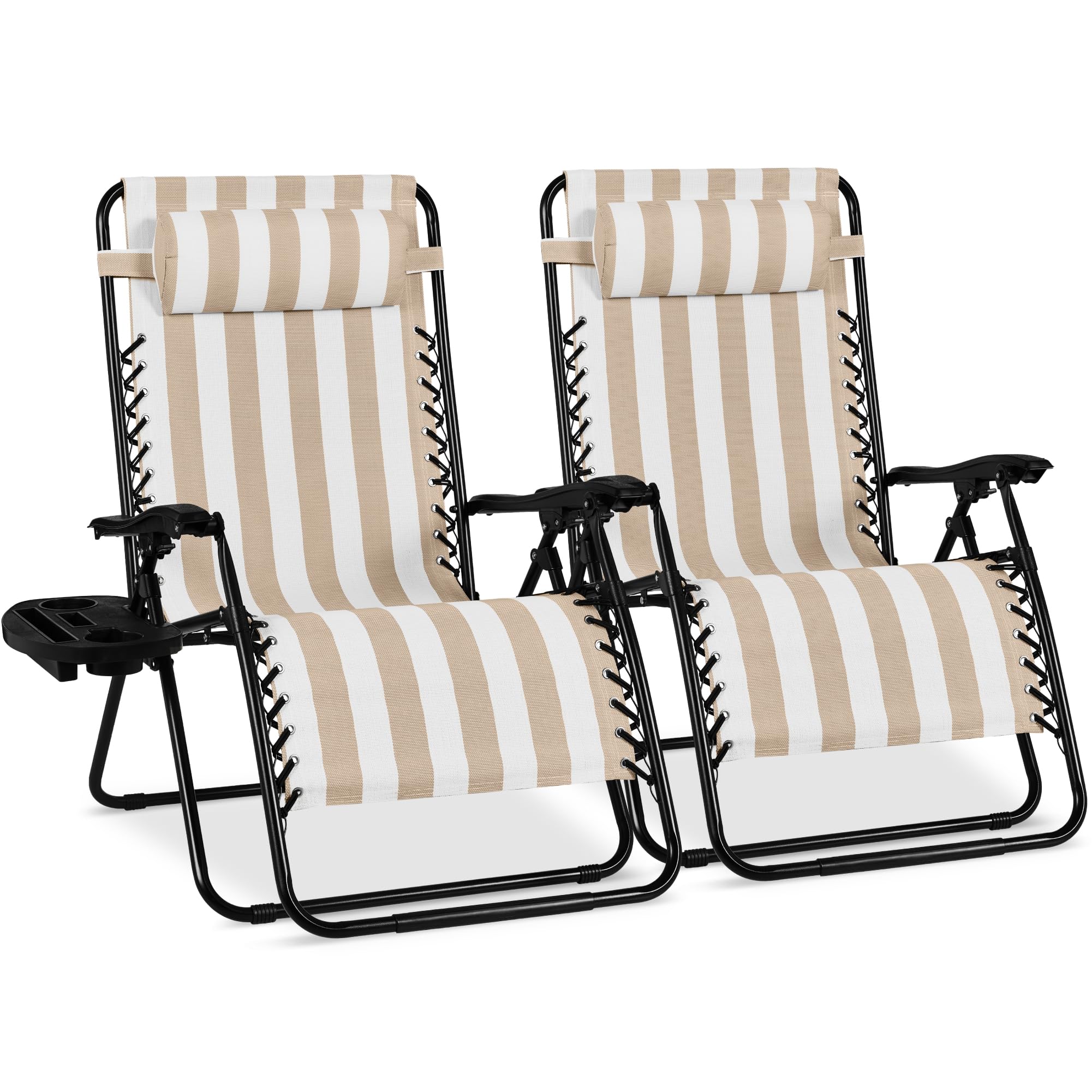 Best Choice Products Set of 2 Adjustable Steel Mesh Zero Gravity Lounge Chair Recliners w/Pillows and Cup Holder Trays - Black