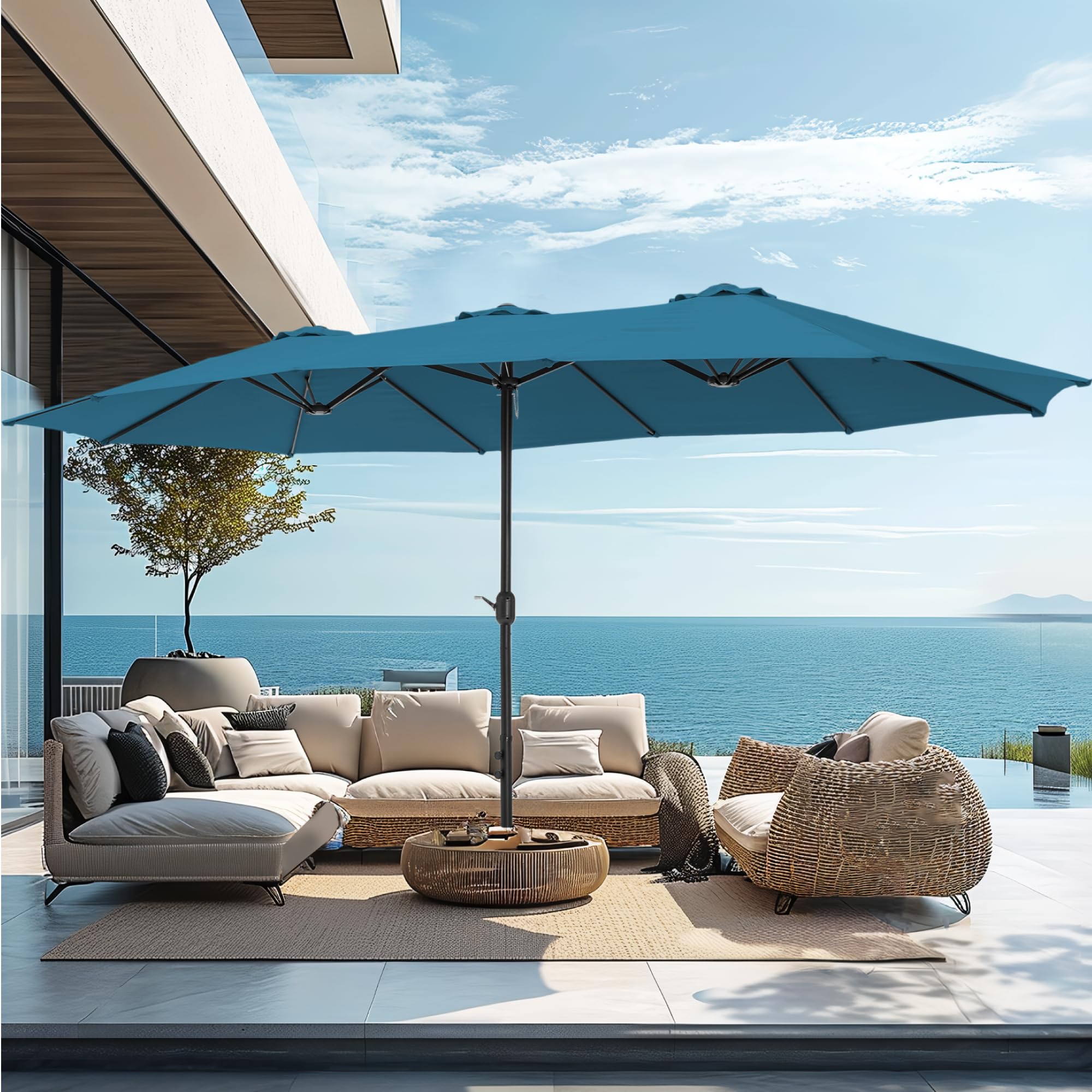 PHI VILLA 15ft Large Patio Umbrellas with Base Included, Outdoor Double-Sided Rectangle Big Market Umbrella with Stand, Outside Umbrellas for Poolside Lawn Backyard, Beige