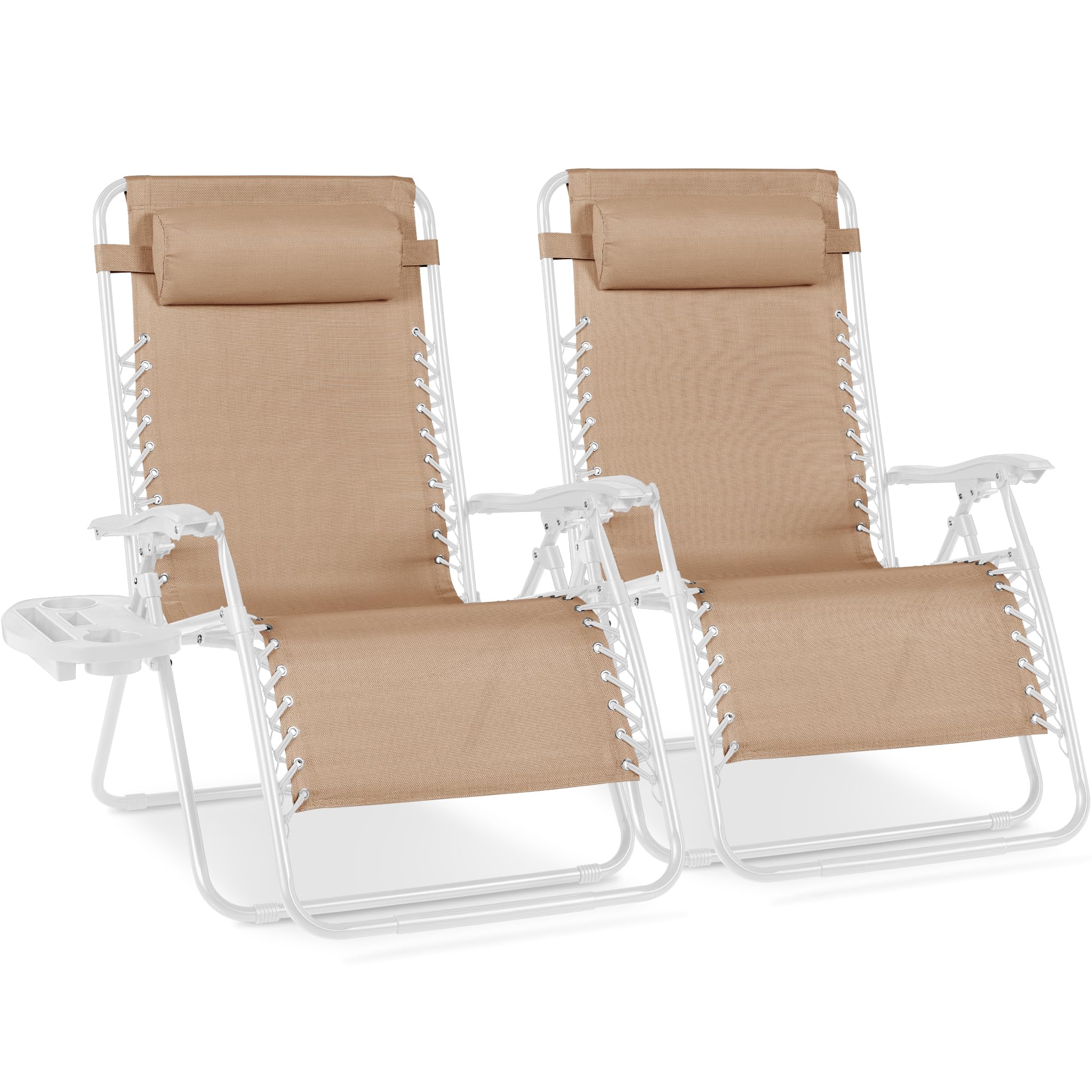 Best Choice Products Set of 2 Adjustable Steel Mesh Zero Gravity Lounge Chair Recliners w/Pillows and Cup Holder Trays - Gray
