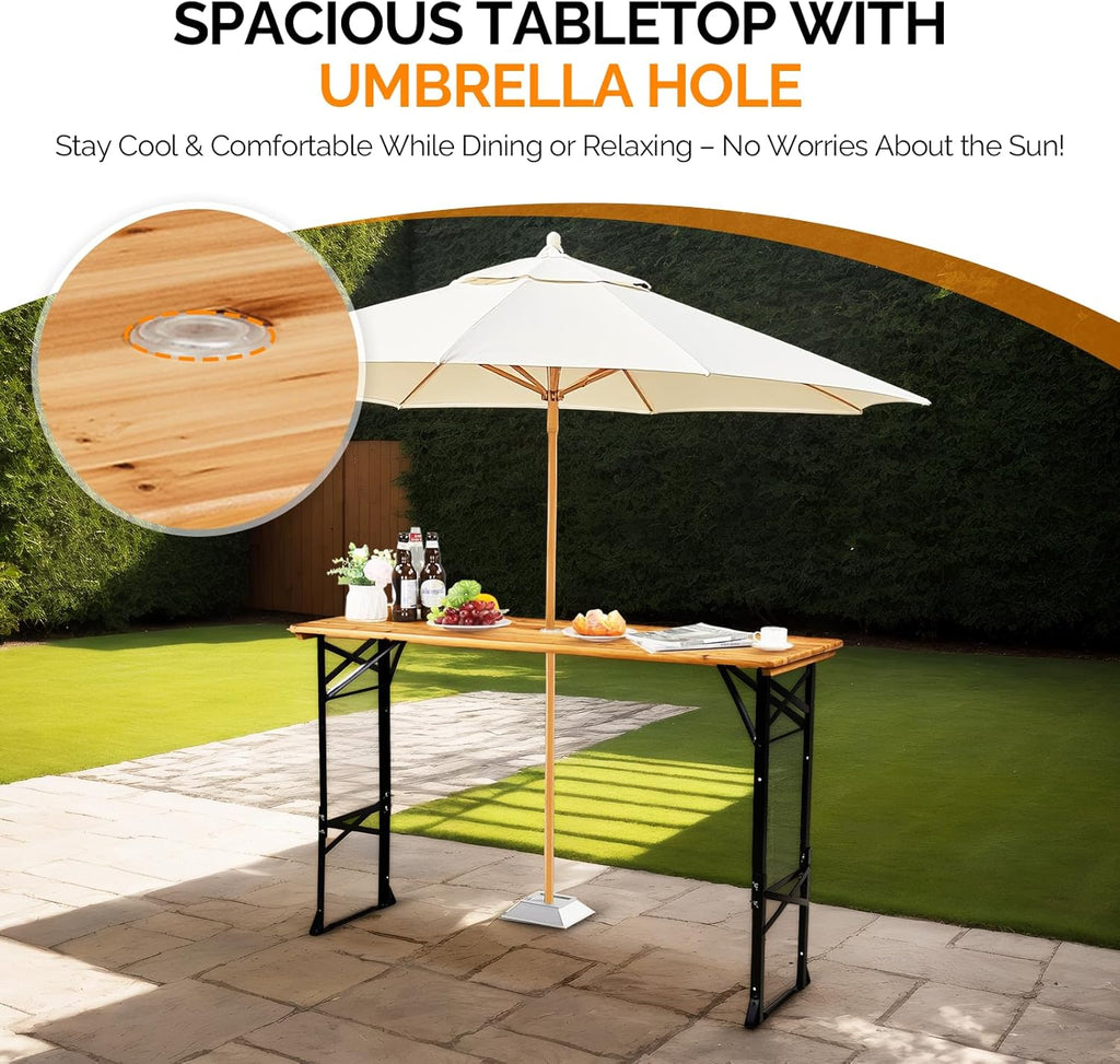VINGLI 67 Inch Wooden Folding Picnic Table, Picnic Beer Table with Umbrella Hole, Adjustable Heights (29.5" Sitting & 41.5" Standing) – Perfect for Picnics, BBQs, Parties, Bars, and Camping