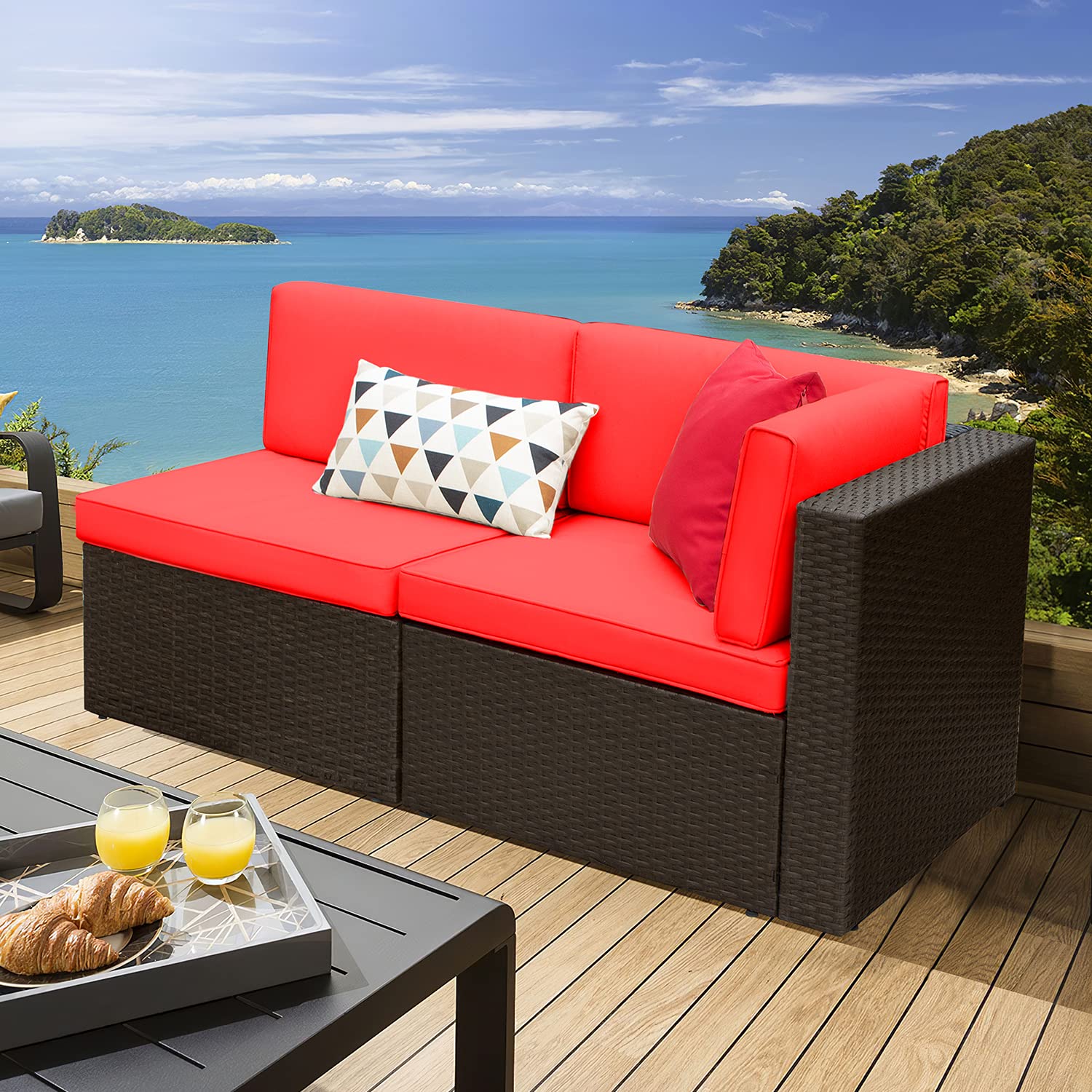 Devoko 5 Pieces Patio Furniture Sets All Weather Outdoor Sectional Patio Sofa Manual Weaving Wicker Rattan Patio Seating Sofas with Cushion and Glass Table (Beige)