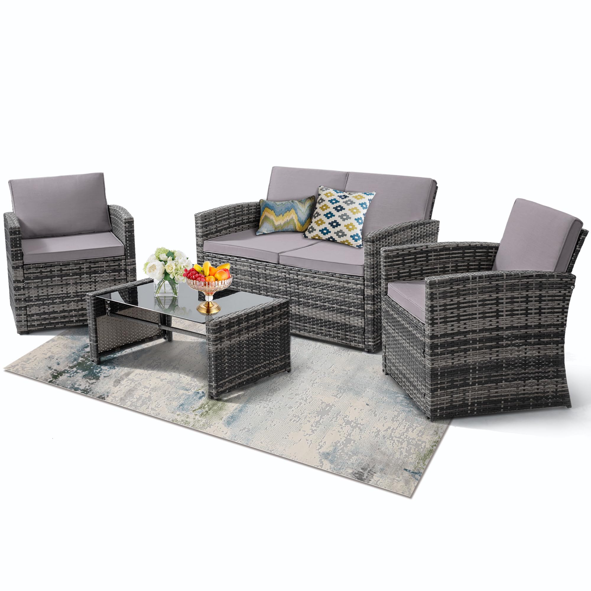 KROFEM 4-Piece Patio Furniture Set, Wicker Outdoor Rattan Sectional Sofa with Cushions and Glass Table, All-Weather Outdoor Conversation Set, Ideal for Garden, Porch, Backyard, Black