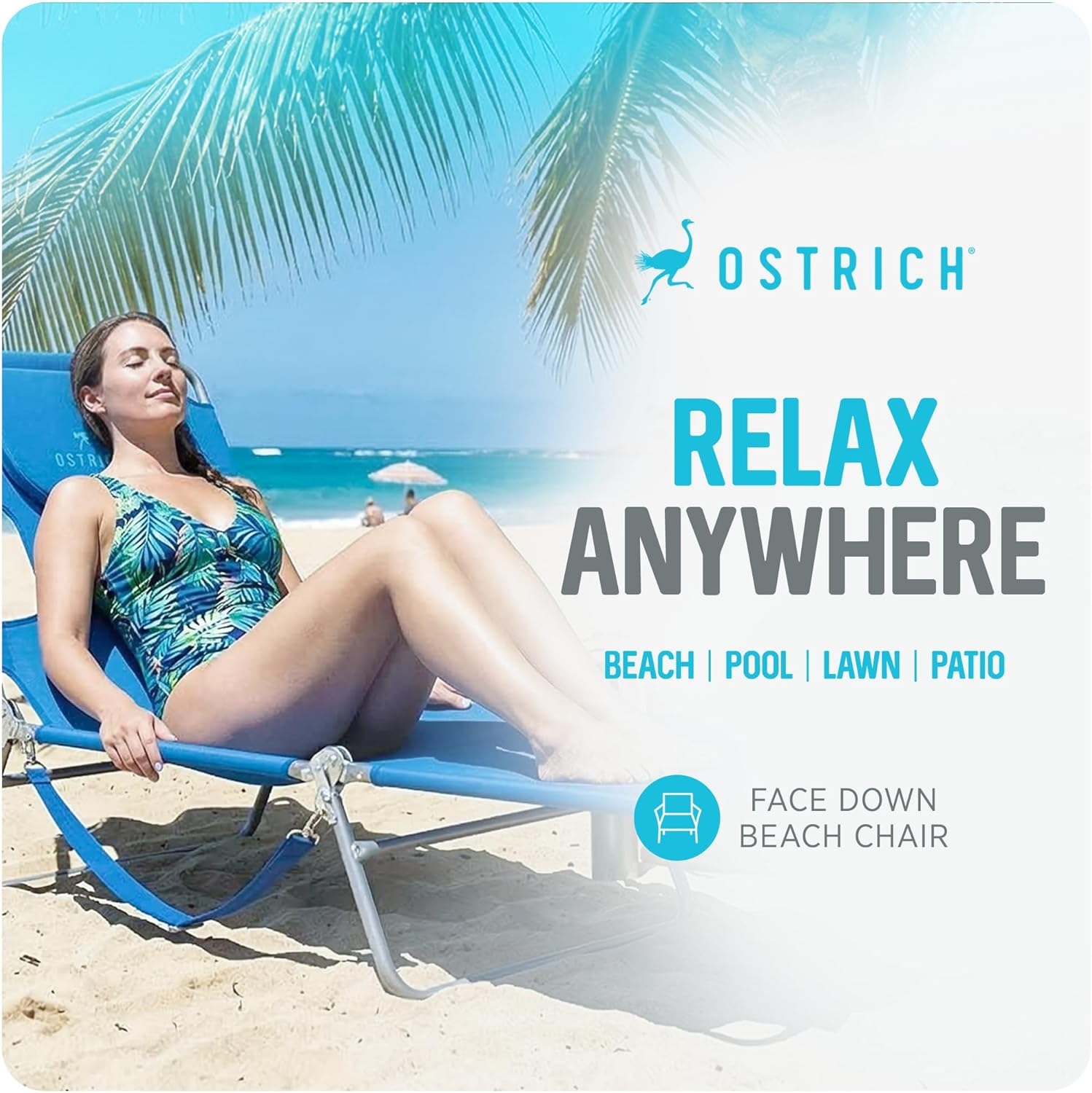 Ostrich the Original Chaise 72 x 22 Inch Lounge Portable Reclining Lounger, Outdoor Patio, Beach, Lawn, Camping, or Pool Tanning Chair, Ocean Blue