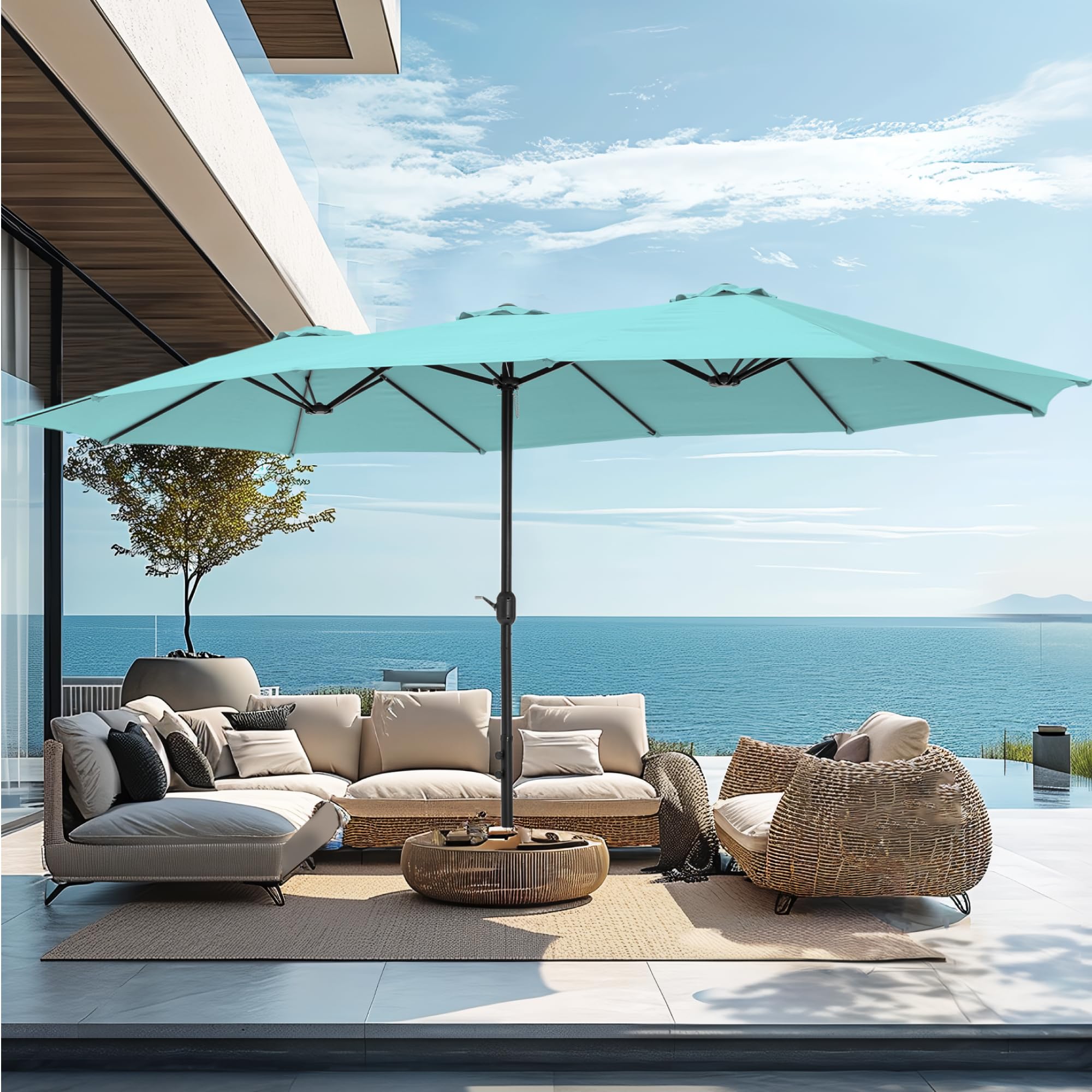 PHI VILLA 15ft Large Patio Umbrellas with Base Included, Outdoor Double-Sided Rectangle Big Market Umbrella with Stand, Outside Umbrellas for Poolside Lawn Backyard, Beige