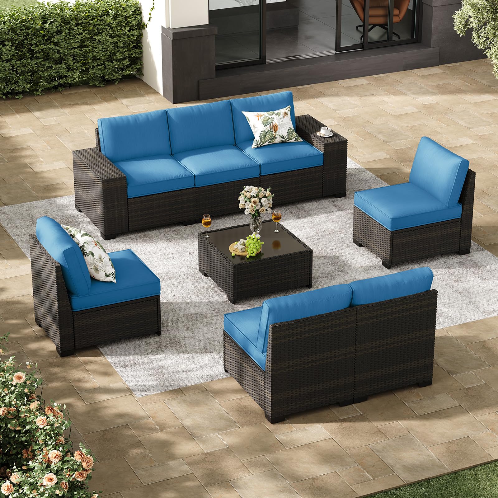 Jing's Villa 6-Piece Patio Furniture Set, All-Weather Outdoor Wicker Sectional Sofa with Cushions, Glass Table & Left and Right Armrest, Rattan Conversation Seating for Porch, Garden, Backyard,Beige