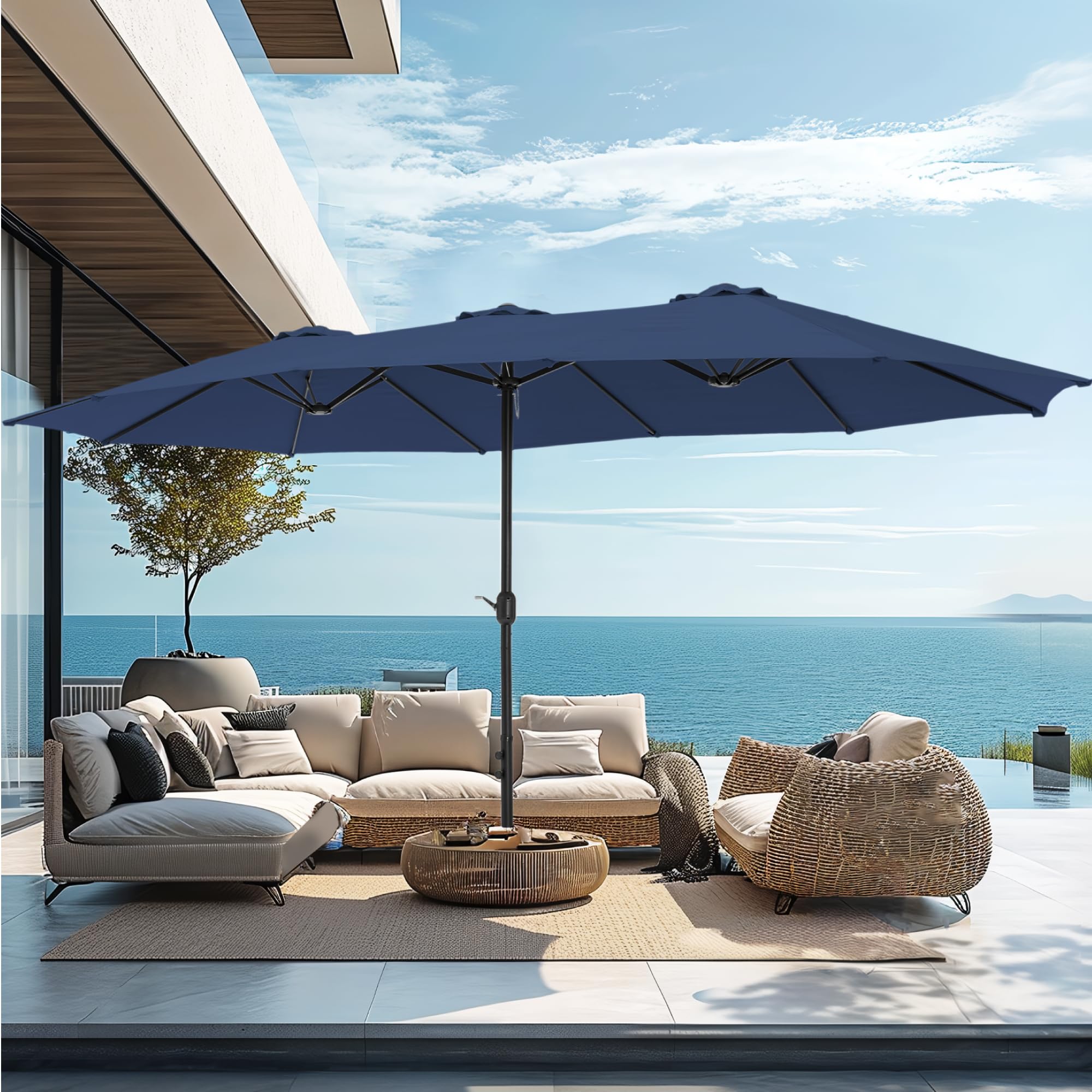 PHI VILLA 15ft Large Patio Umbrellas with Base Included, Outdoor Double-Sided Rectangle Big Market Umbrella with Stand, Outside Umbrellas for Poolside Lawn Backyard, Beige