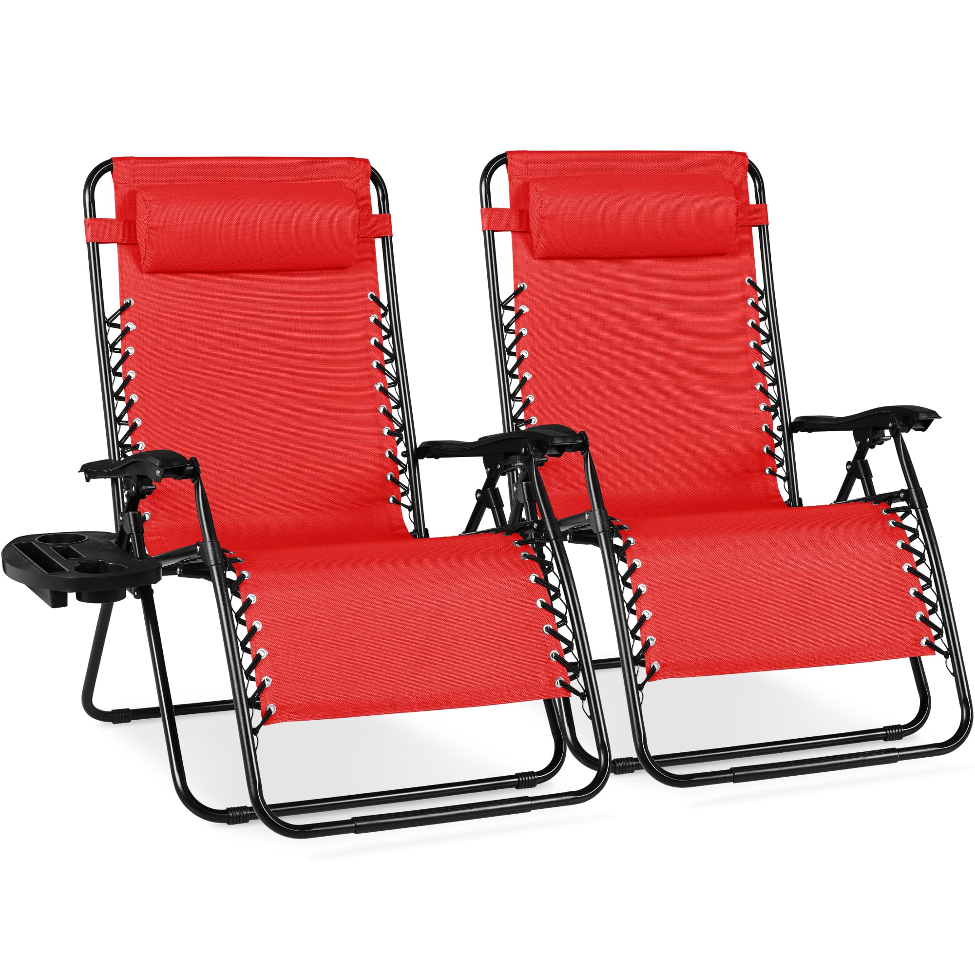 Best Choice Products Set of 2 Adjustable Steel Mesh Zero Gravity Lounge Chair Recliners w/Pillows and Cup Holder Trays - Black