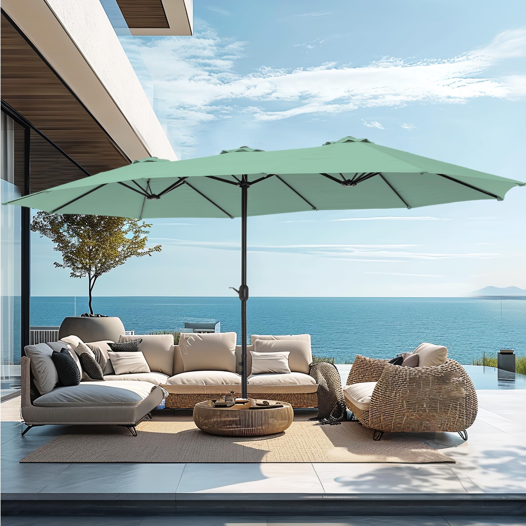 PHI VILLA 15ft Large Patio Umbrellas with Base Included, Outdoor Double-Sided Rectangle Big Market Umbrella with Stand, Outside Umbrellas for Poolside Lawn Backyard, Beige