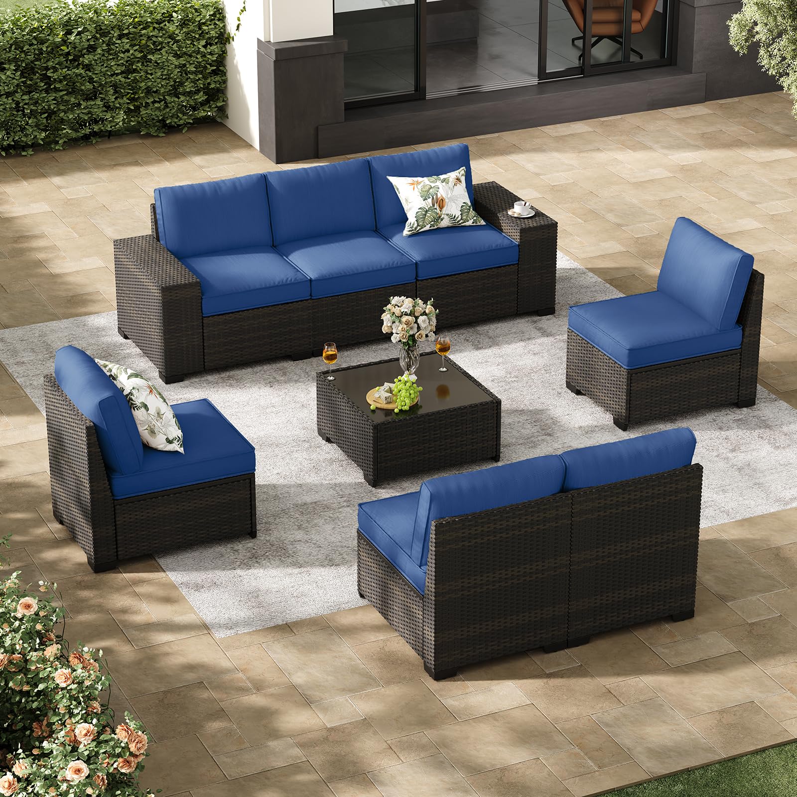 Jing's Villa 6-Piece Patio Furniture Set, All-Weather Outdoor Wicker Sectional Sofa with Cushions, Glass Table & Left and Right Armrest, Rattan Conversation Seating for Porch, Garden, Backyard,Beige