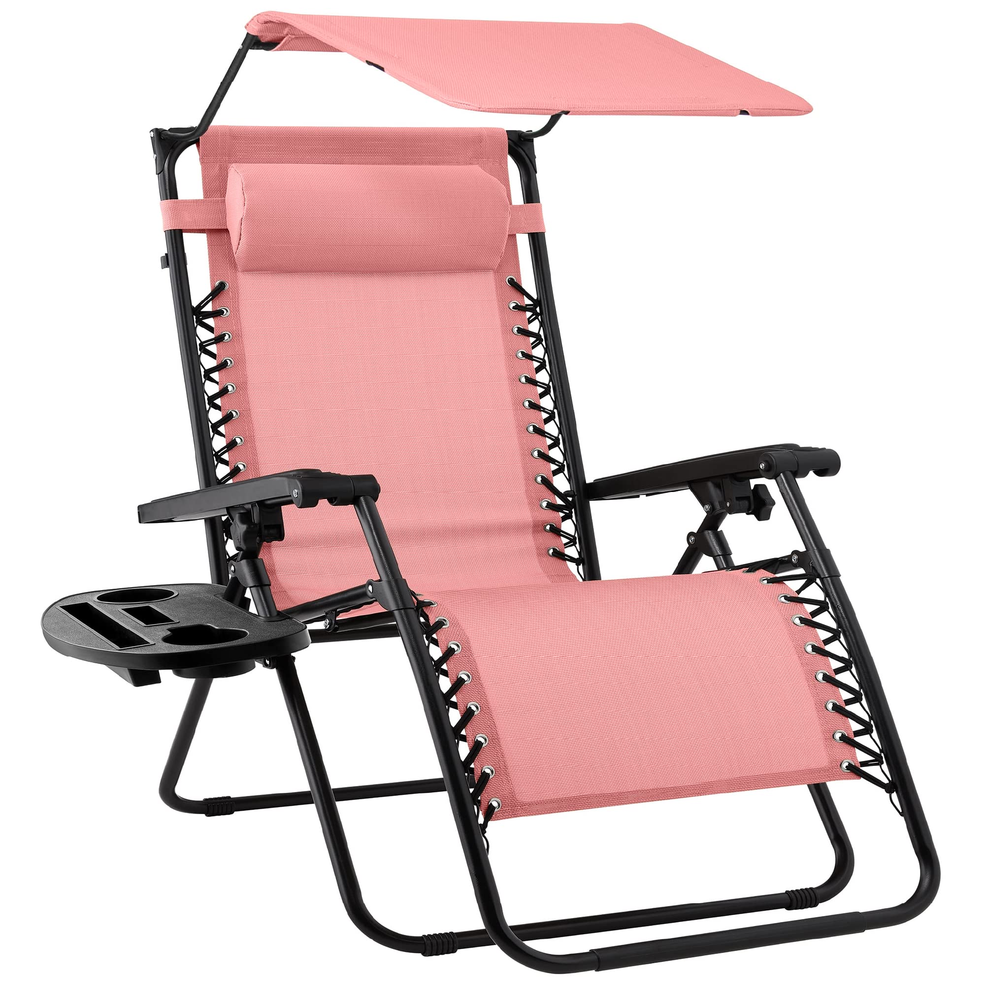 Best Choice Products Folding Zero Gravity Outdoor Recliner Patio Lounge Chair w/Adjustable Canopy Shade, Headrest, Side Accessory Tray, Textilene Mesh - Beige