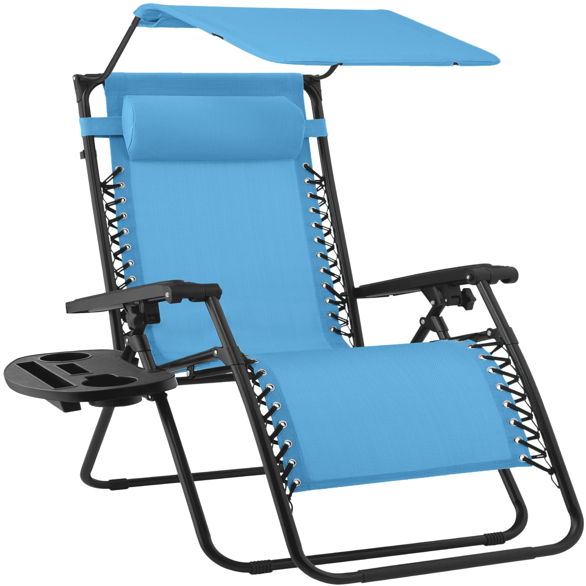 Best Choice Products Folding Zero Gravity Outdoor Recliner Patio Lounge Chair w/Adjustable Canopy Shade, Headrest, Side Accessory Tray, Textilene Mesh - Beige