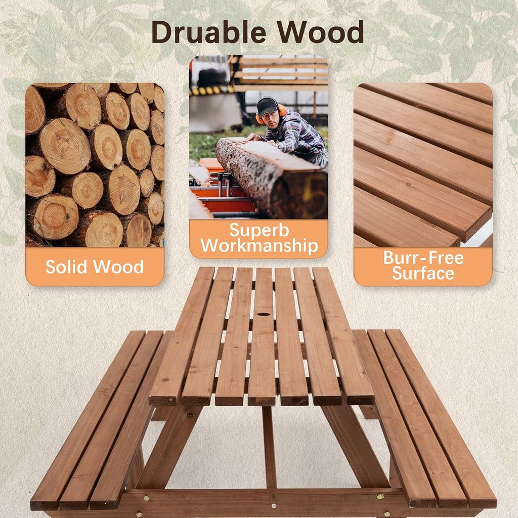 Hohuqeri Wood Picnic Table, 75" Tabletop with Umbrella Hole, 8 Person Outdoor Wooden Picnic Table Bench Set for Patio, BBQ, Dining, Brown