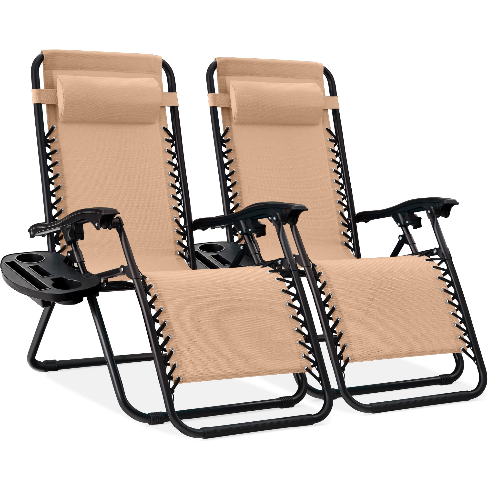 Best Choice Products Set of 2 Adjustable Steel Mesh Zero Gravity Lounge Chair Recliners w/Pillows and Cup Holder Trays - Black