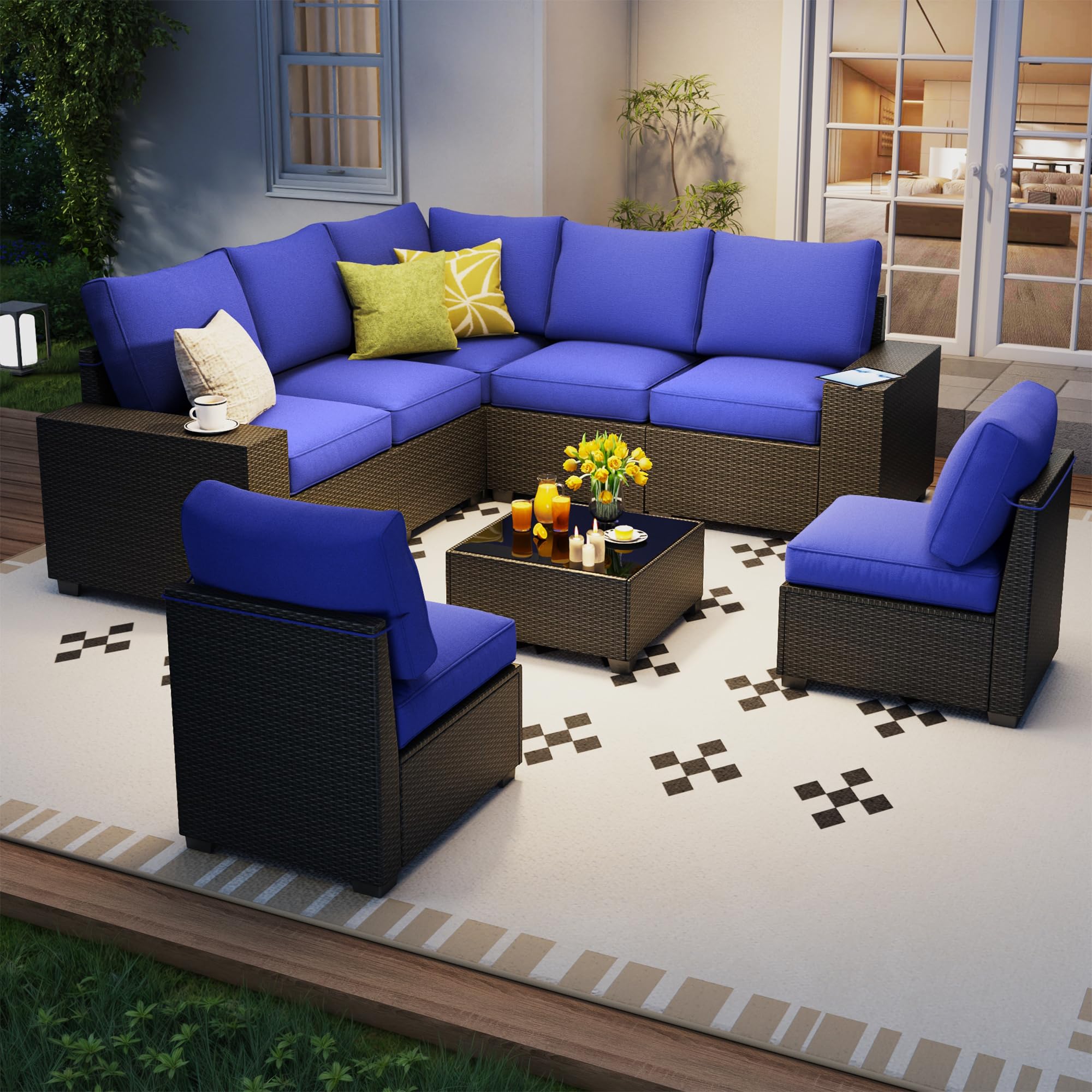 7 Piece Outdoor Patio Furniture Set, Outdoor Sectional Furniture, Rattan & Wicker Modern Modular Conversation Set Sectional Sofa W/Water Resistant Washable Thick Cushions and Coffee Table, Brown/Beige