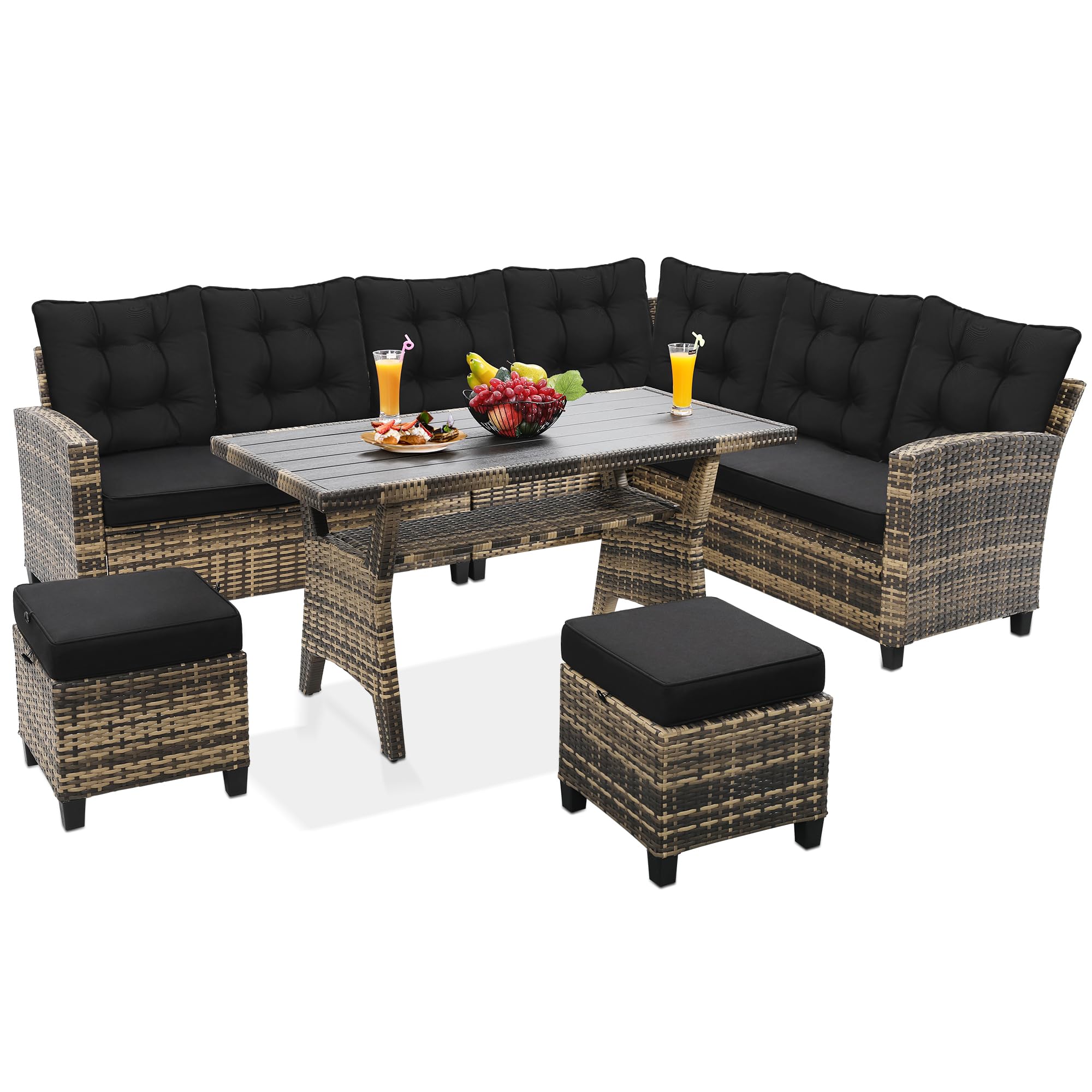 KROFEM 4-Piece Patio Furniture Set, Wicker Outdoor Rattan Sectional Sofa with Cushions and Glass Table, All-Weather Outdoor Conversation Set, Ideal for Garden, Porch, Backyard, Black