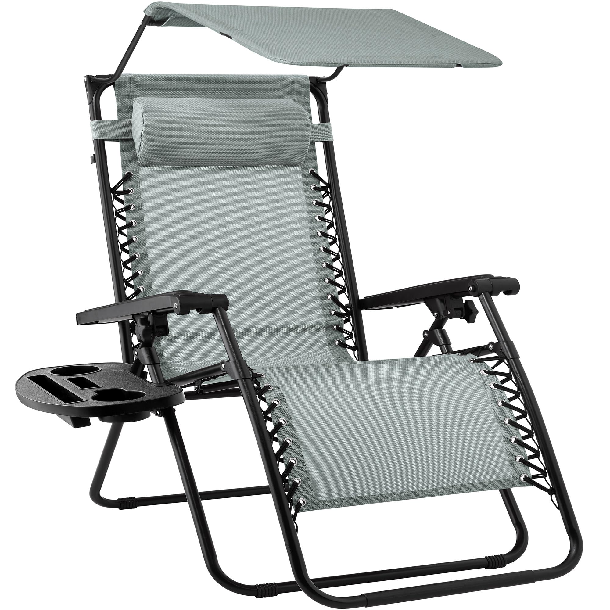 Best Choice Products Folding Zero Gravity Outdoor Recliner Patio Lounge Chair w/Adjustable Canopy Shade, Headrest, Side Accessory Tray, Textilene Mesh - Beige