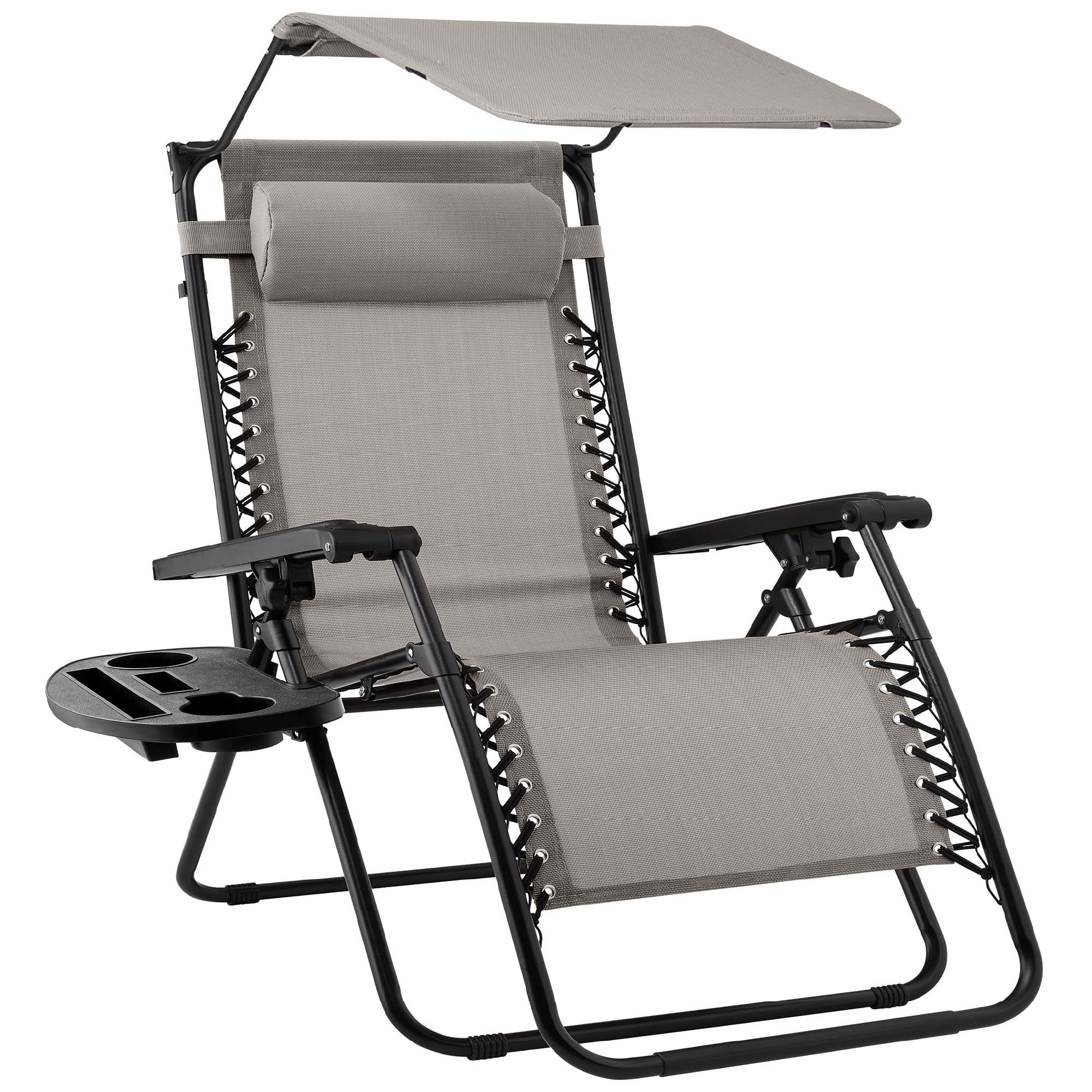 Best Choice Products Folding Zero Gravity Outdoor Recliner Patio Lounge Chair w/Adjustable Canopy Shade, Headrest, Side Accessory Tray, Textilene Mesh - Beige