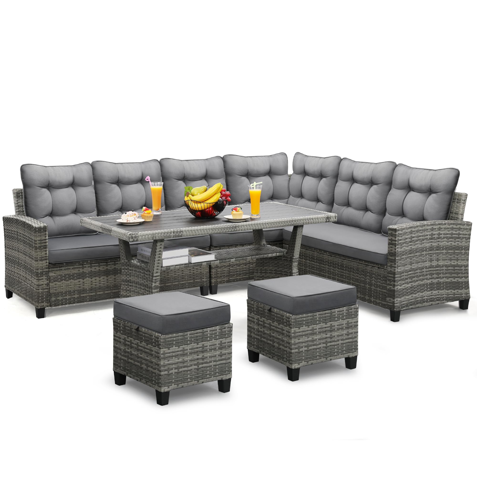 KROFEM 4-Piece Patio Furniture Set, Wicker Outdoor Rattan Sectional Sofa with Cushions and Glass Table, All-Weather Outdoor Conversation Set, Ideal for Garden, Porch, Backyard, Black