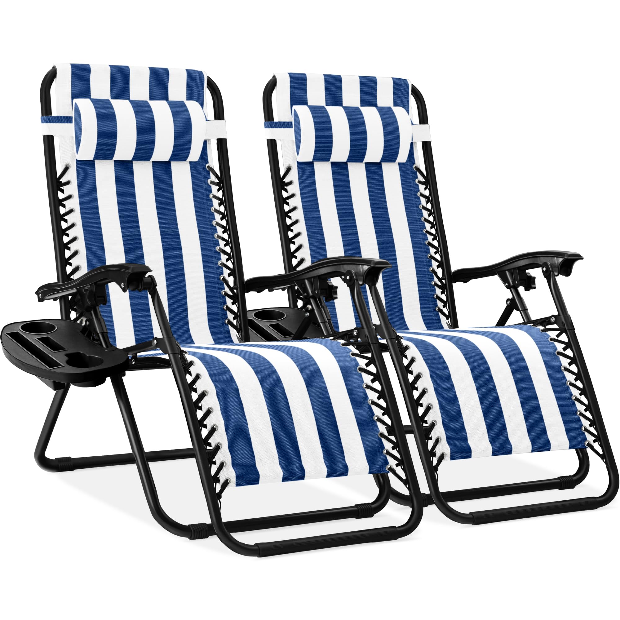 Best Choice Products Set of 2 Adjustable Steel Mesh Zero Gravity Lounge Chair Recliners w/Pillows and Cup Holder Trays - Black