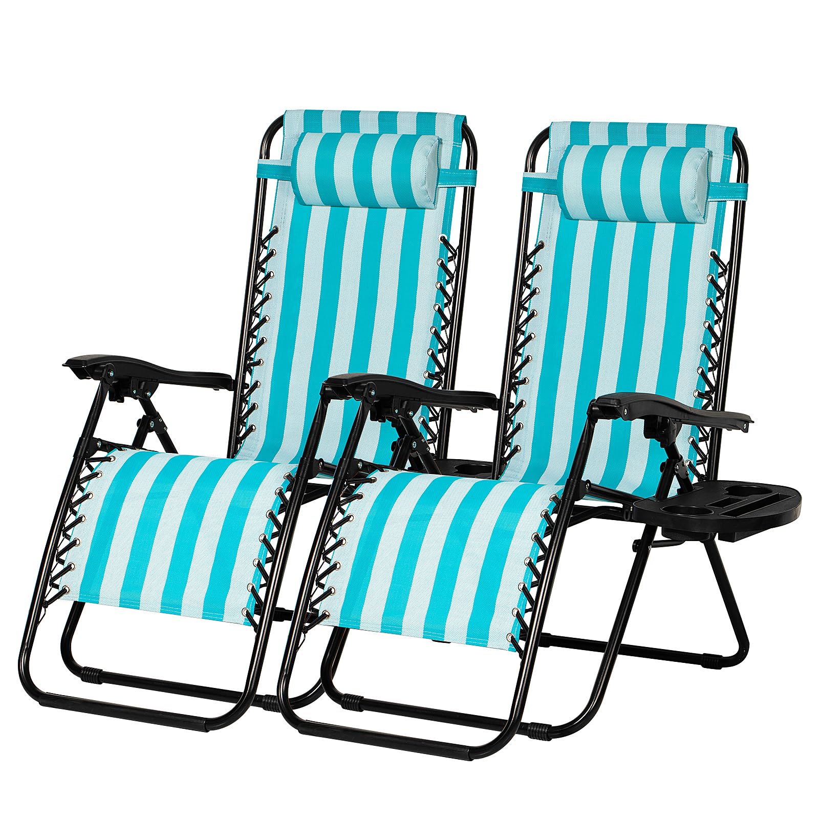 Nazhura Set of 2 Relaxing Recliners Patio Chairs Adjustable Steel Mesh Zero Gravity Lounge Chair Beach Chairs with Pillow and Cup Holder (Blue)