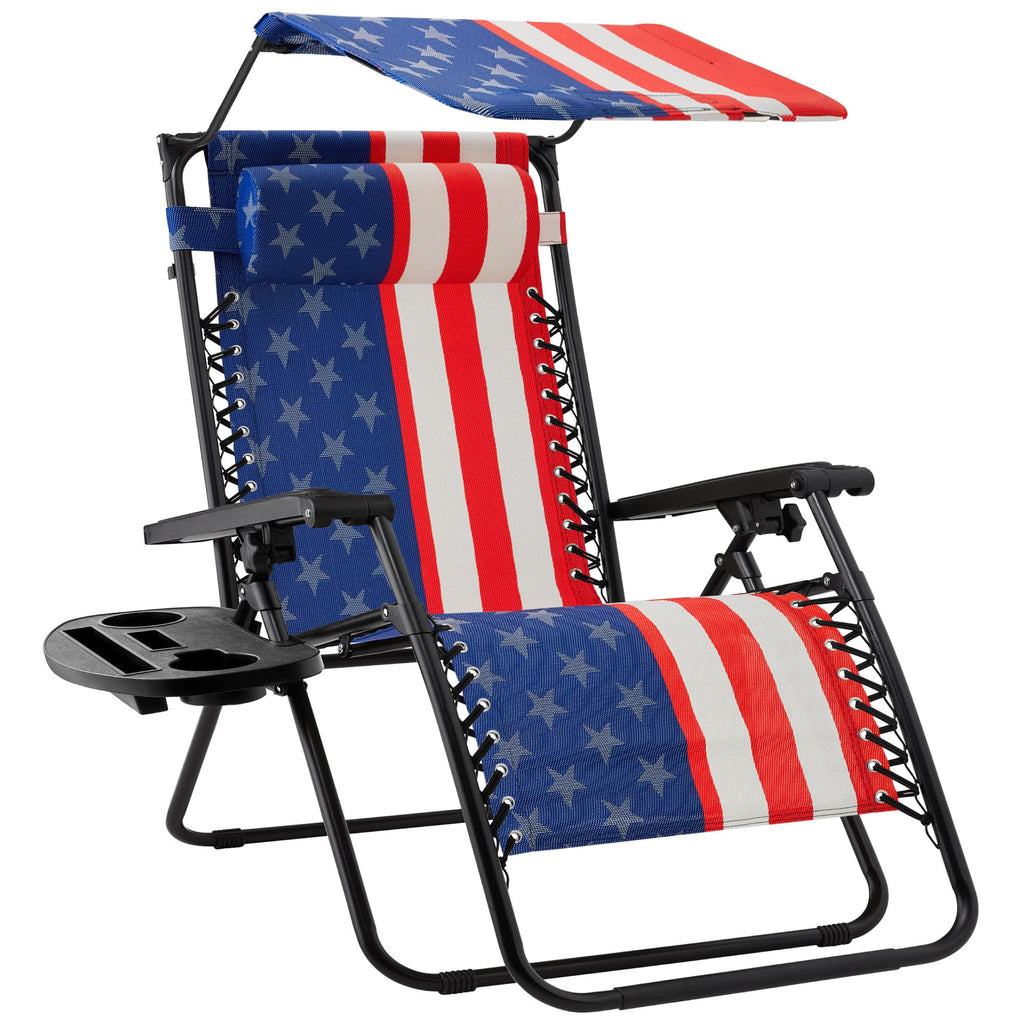 Best Choice Products Folding Zero Gravity Outdoor Recliner Patio Lounge Chair w/Adjustable Canopy Shade, Headrest, Side Accessory Tray, Textilene Mesh - Beige