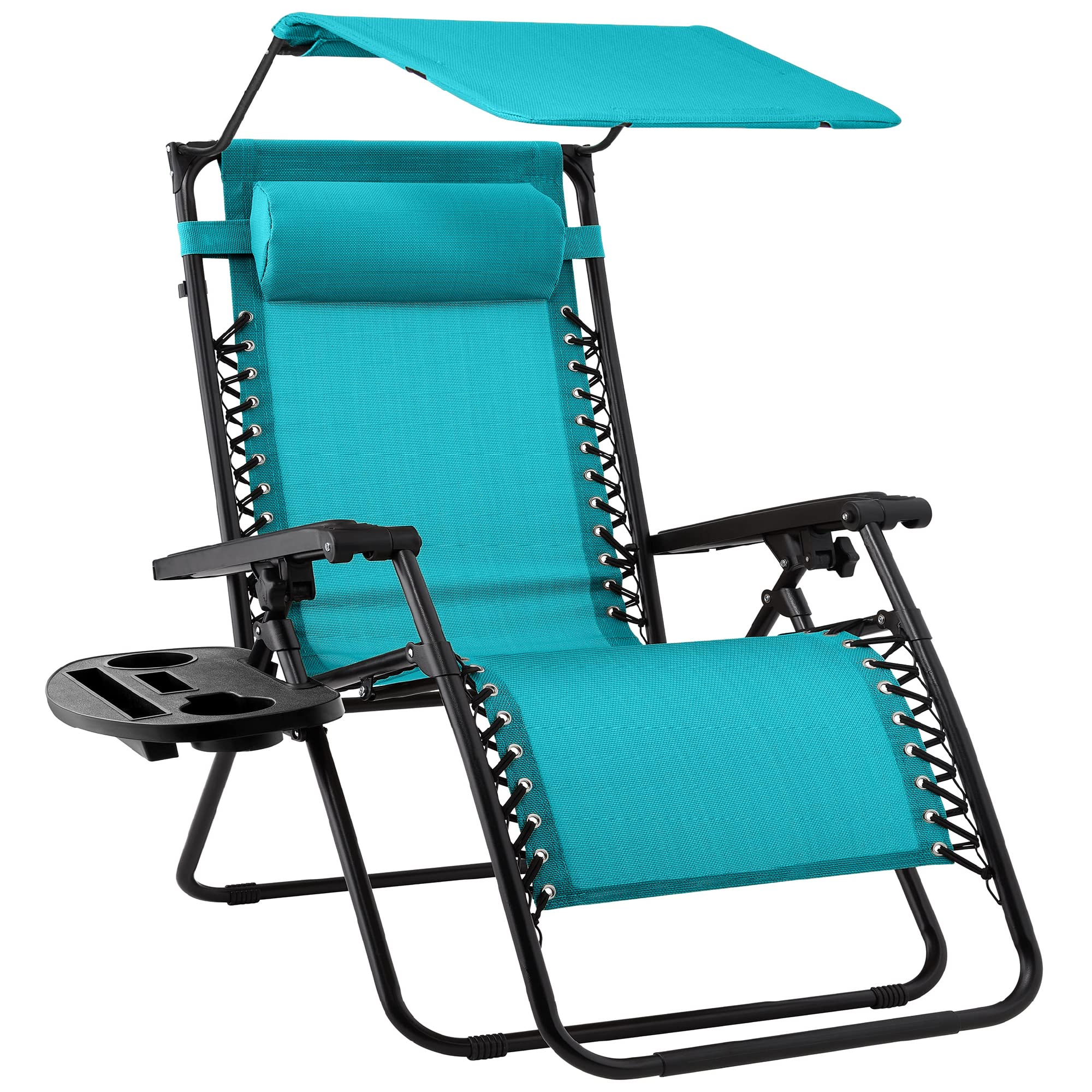 Best Choice Products Folding Zero Gravity Outdoor Recliner Patio Lounge Chair w/Adjustable Canopy Shade, Headrest, Side Accessory Tray, Textilene Mesh - Beige