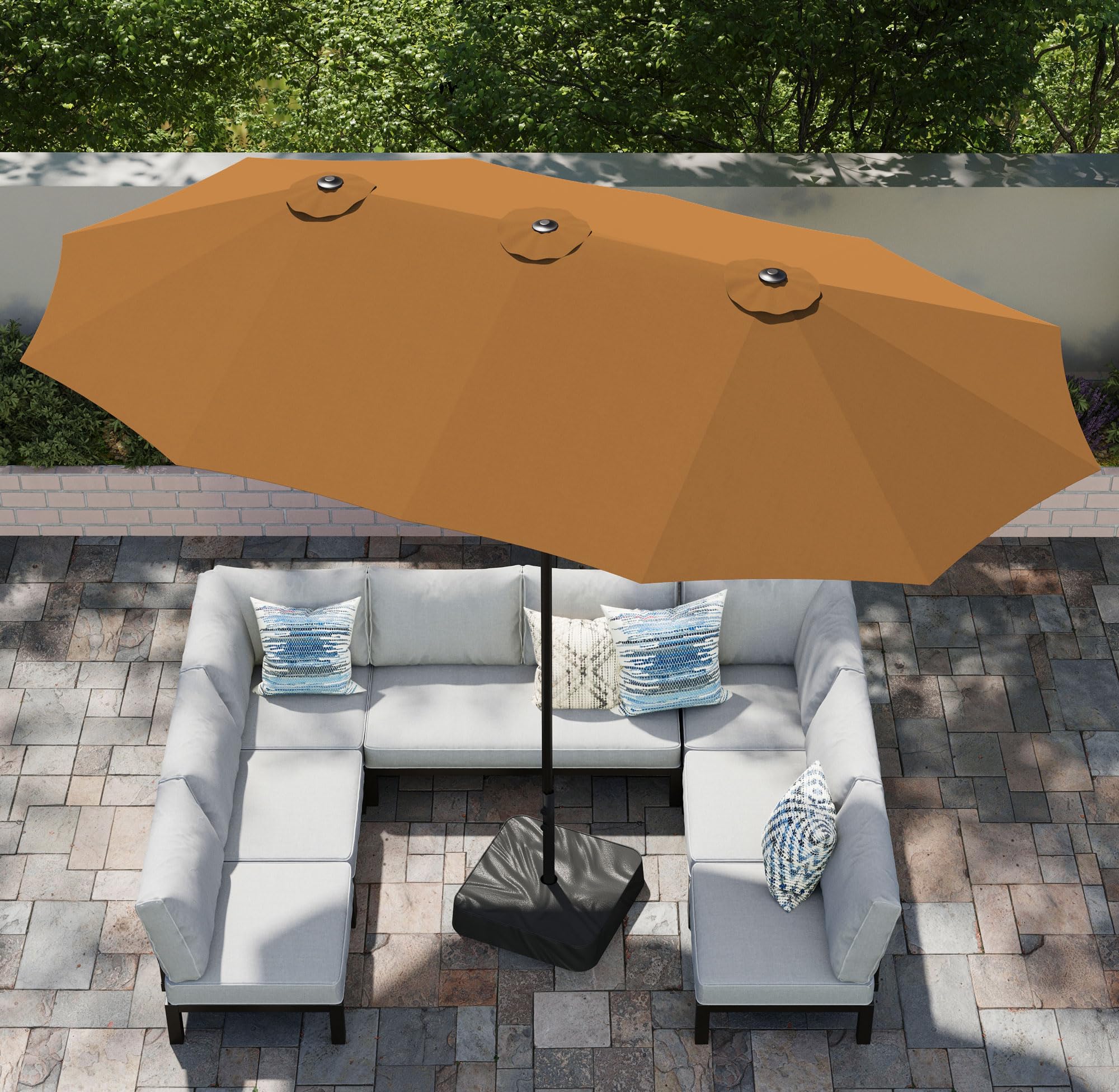 PHI VILLA 15ft Large Patio Umbrellas with Base Included, Outdoor Double-Sided Rectangle Big Market Umbrella with Stand, Outside Umbrellas for Poolside Lawn Backyard, Beige