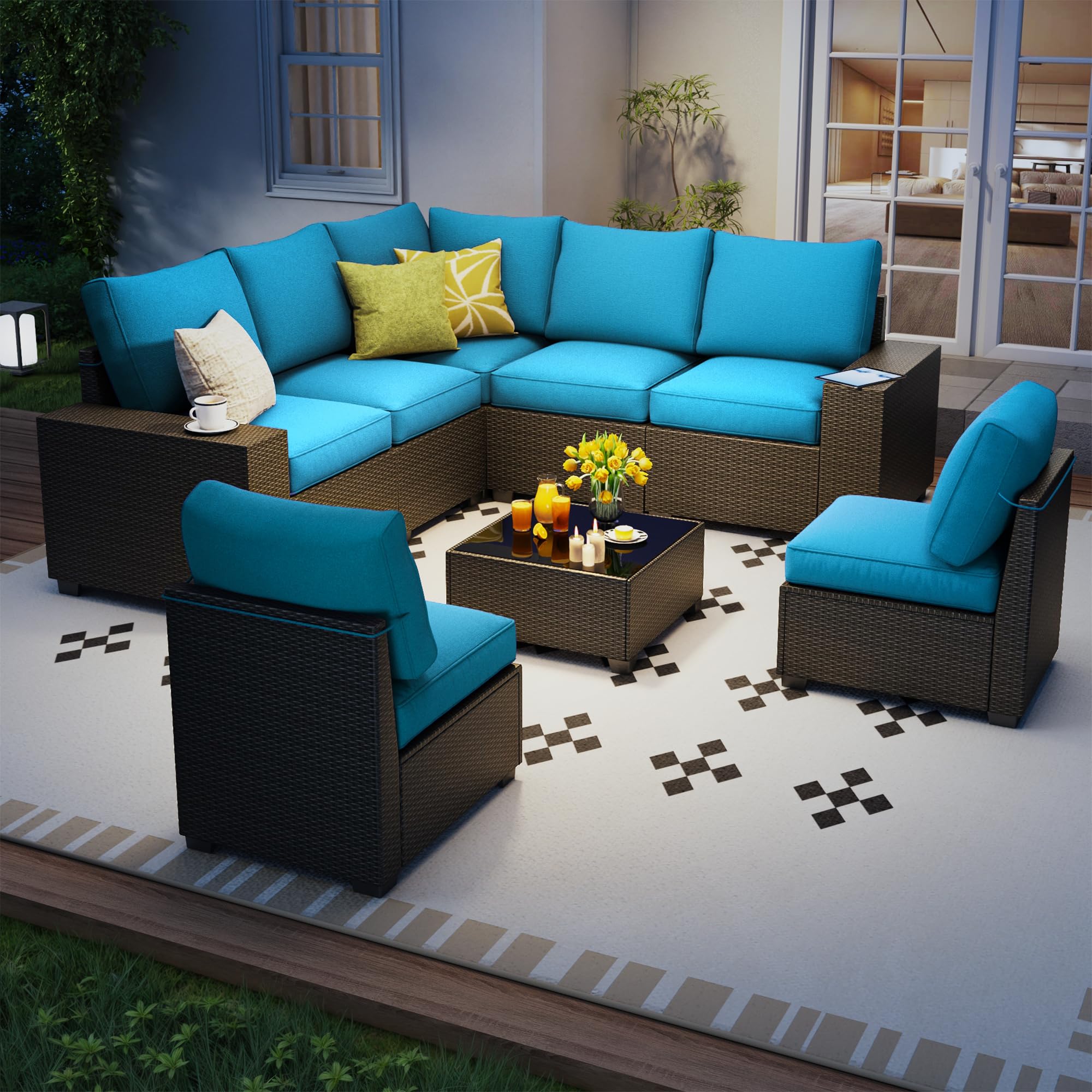 7 Piece Outdoor Patio Furniture Set, Outdoor Sectional Furniture, Rattan & Wicker Modern Modular Conversation Set Sectional Sofa W/Water Resistant Washable Thick Cushions and Coffee Table, Brown/Beige