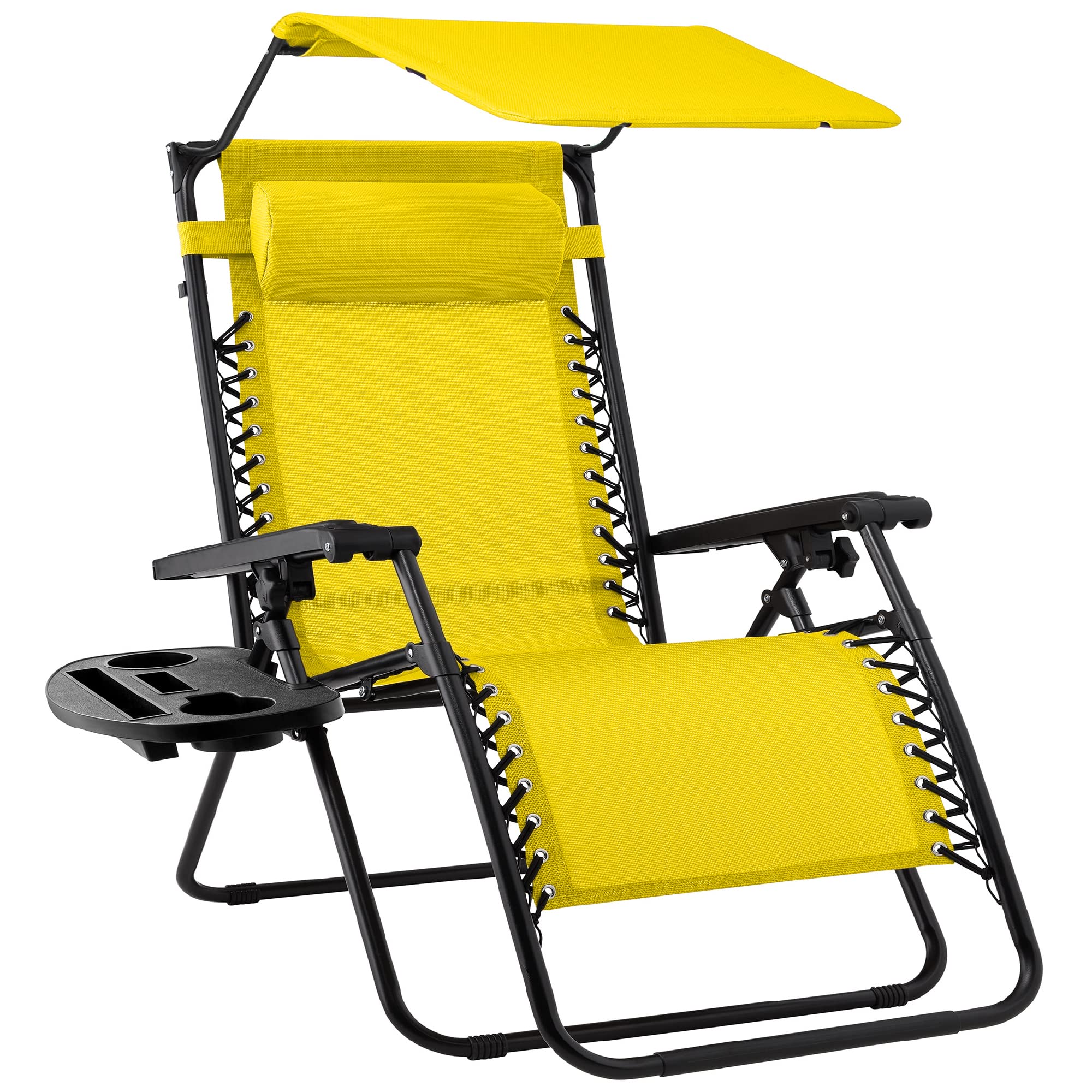 Best Choice Products Folding Zero Gravity Outdoor Recliner Patio Lounge Chair w/Adjustable Canopy Shade, Headrest, Side Accessory Tray, Textilene Mesh - Beige