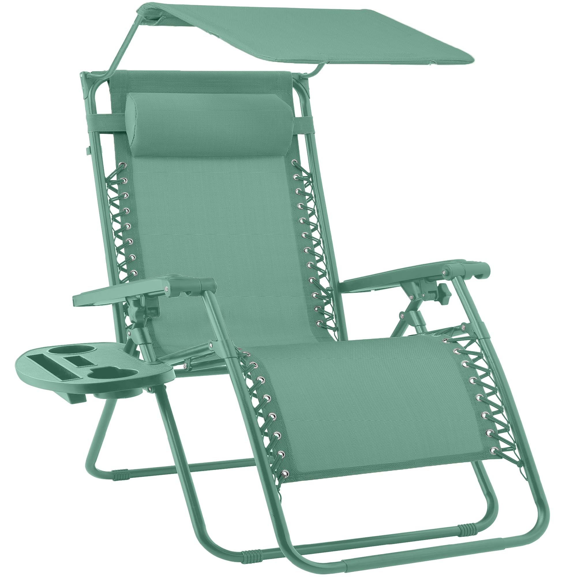 Best Choice Products Folding Zero Gravity Outdoor Recliner Patio Lounge Chair w/Adjustable Canopy Shade, Headrest, Side Accessory Tray, Textilene Mesh - Beige
