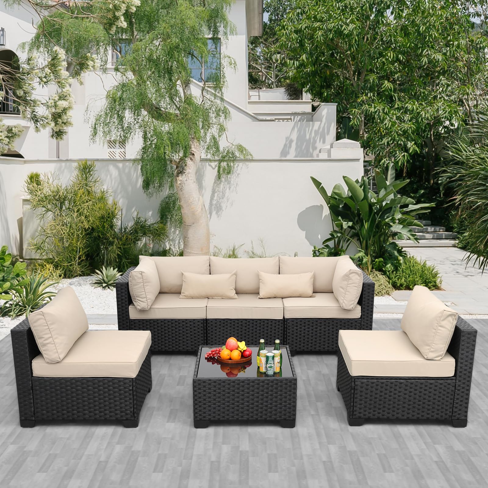 Rattaner Patio Sectional 6 Pieces All-Weather Wicker Patio Furniture Set Outdoor Sectional with Glass Table Non-Slip Cushions and Waterproof Cover, Navy Blue