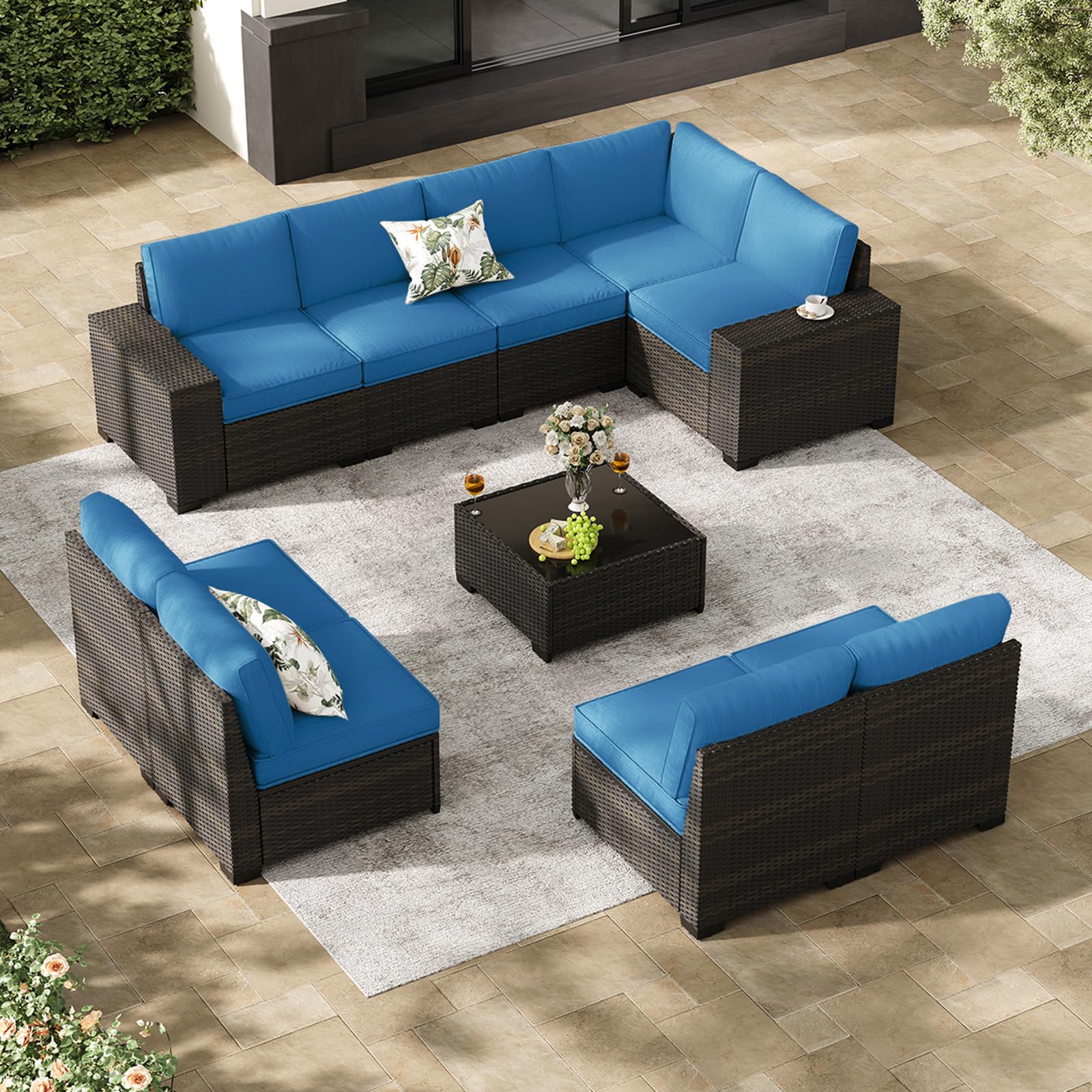 Jing's Villa 6-Piece Patio Furniture Set, All-Weather Outdoor Wicker Sectional Sofa with Cushions, Glass Table & Left and Right Armrest, Rattan Conversation Seating for Porch, Garden, Backyard,Beige