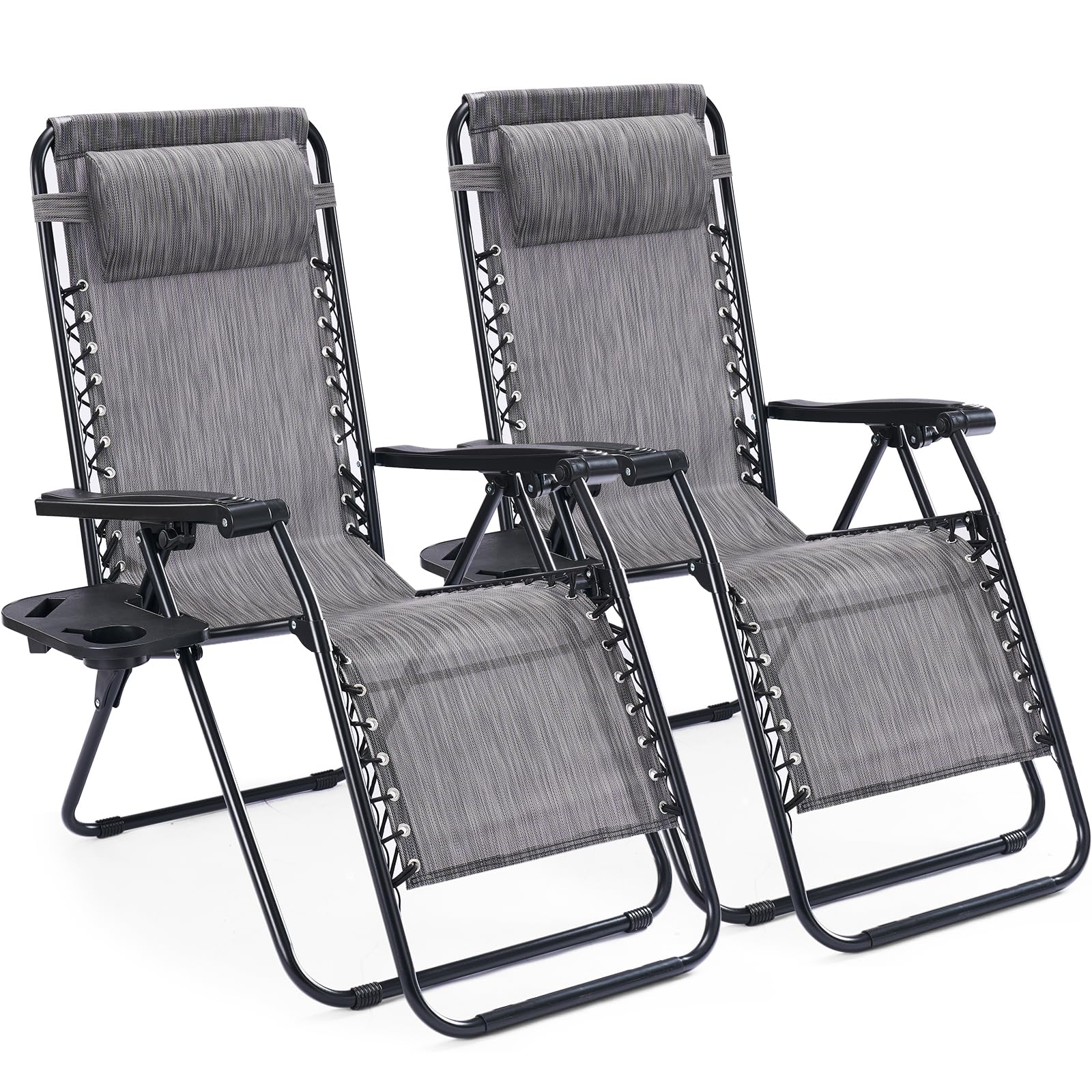 NEWBULIG Zero Gravity Chair Set of 2, Lounge Chair Folding Portable Adjustable Camping Reclining Chairs with Adjustable Pollow, Mesh Back, Cup Holder Trays Lawn Patio Chair for Pool Beach - Blue