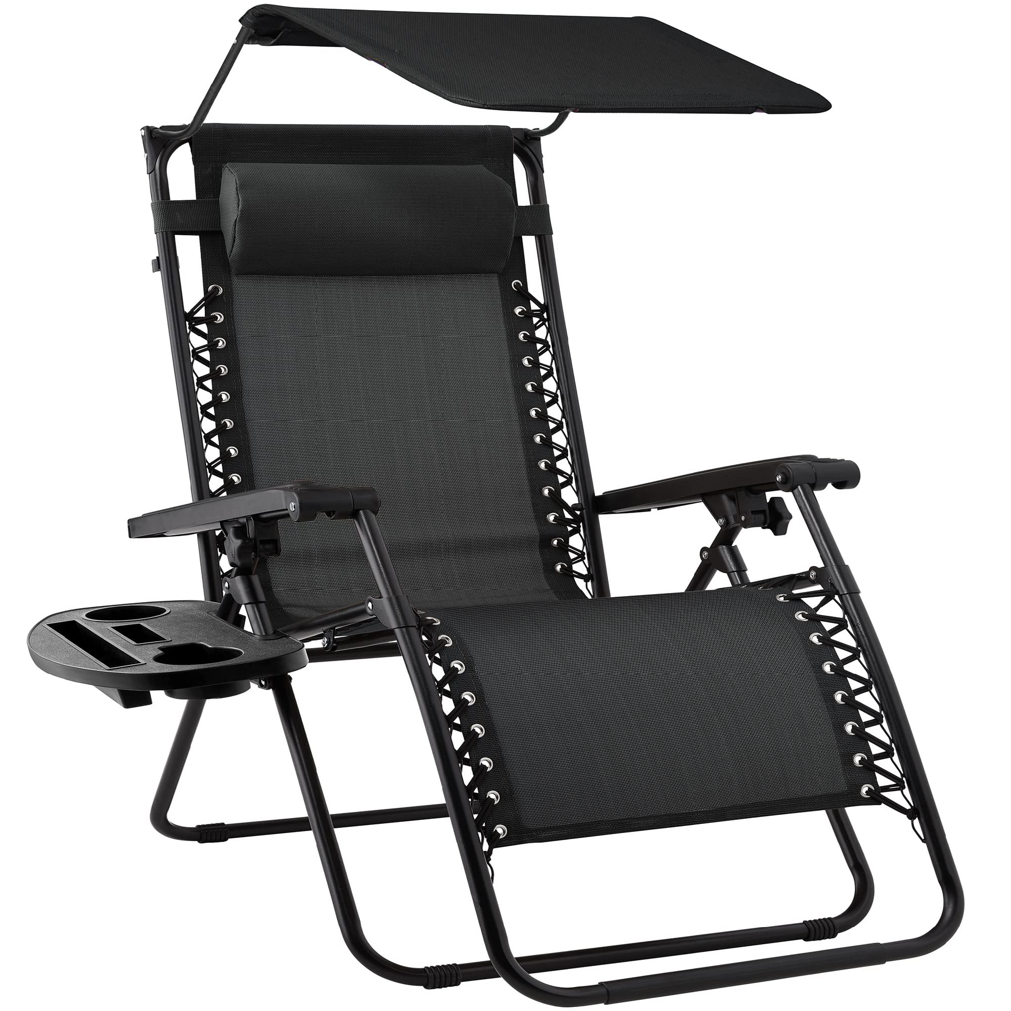 Best Choice Products Folding Zero Gravity Outdoor Recliner Patio Lounge Chair w/Adjustable Canopy Shade, Headrest, Side Accessory Tray, Textilene Mesh - Beige