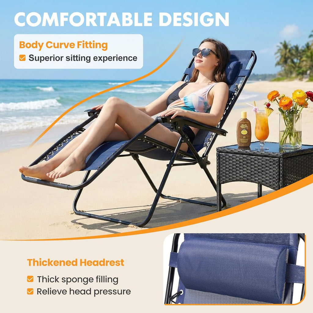 NEWBULIG Zero Gravity Chair Set of 2, Lounge Chair Folding Portable Adjustable Camping Reclining Chairs with Adjustable Pollow, Mesh Back, Cup Holder Trays Lawn Patio Chair for Pool Beach - Blue