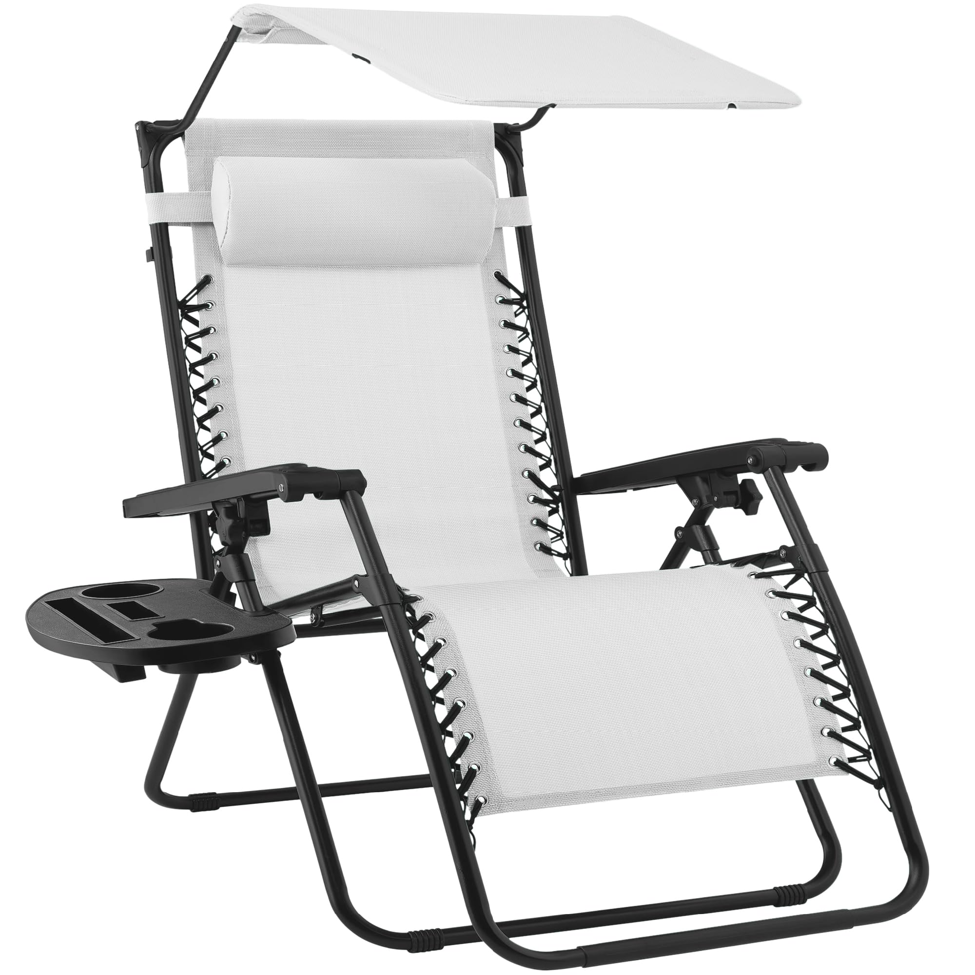 Best Choice Products Folding Zero Gravity Outdoor Recliner Patio Lounge Chair w/Adjustable Canopy Shade, Headrest, Side Accessory Tray, Textilene Mesh - Beige